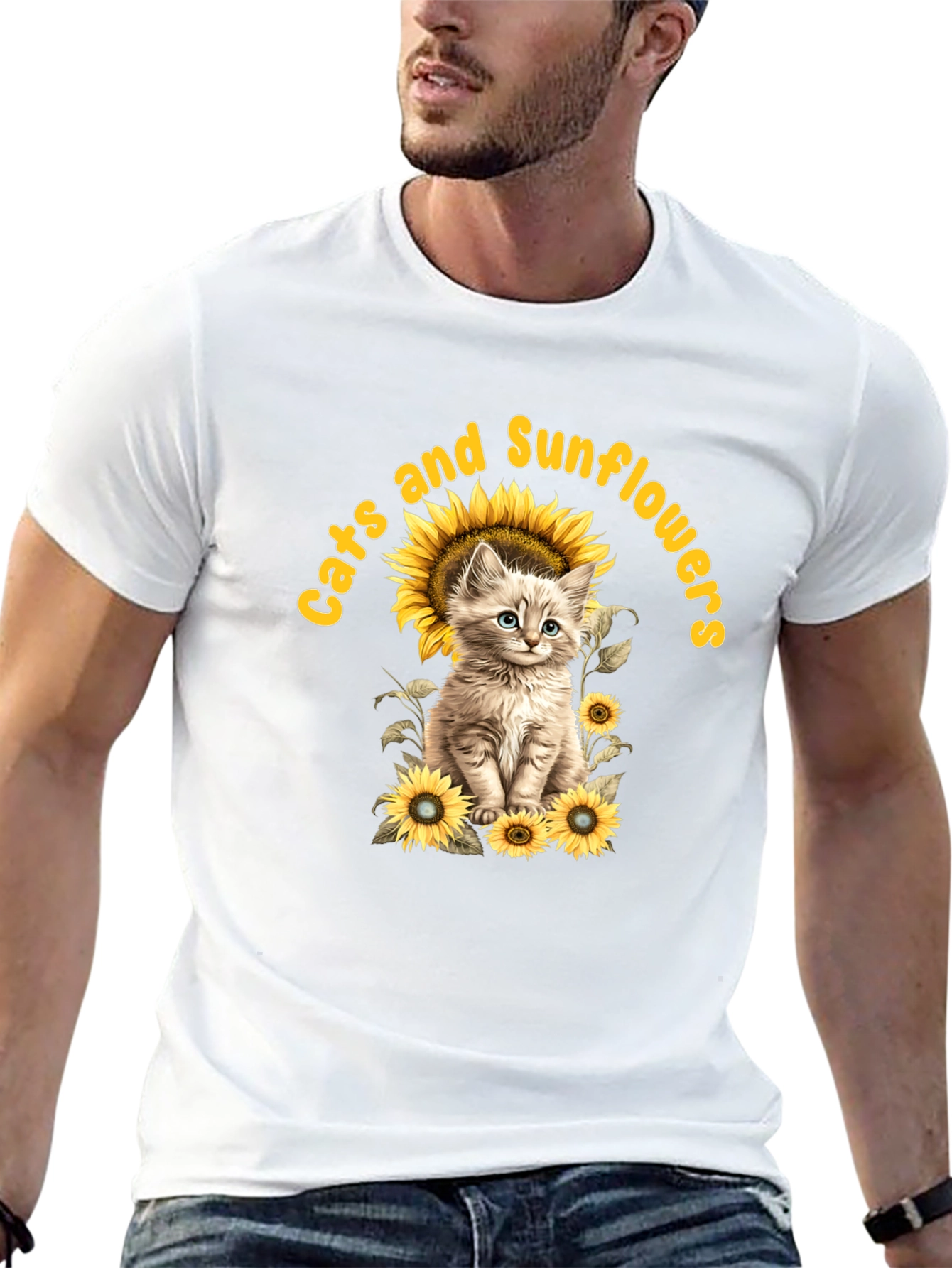 Cats and Sunflowers Black T-Shirt