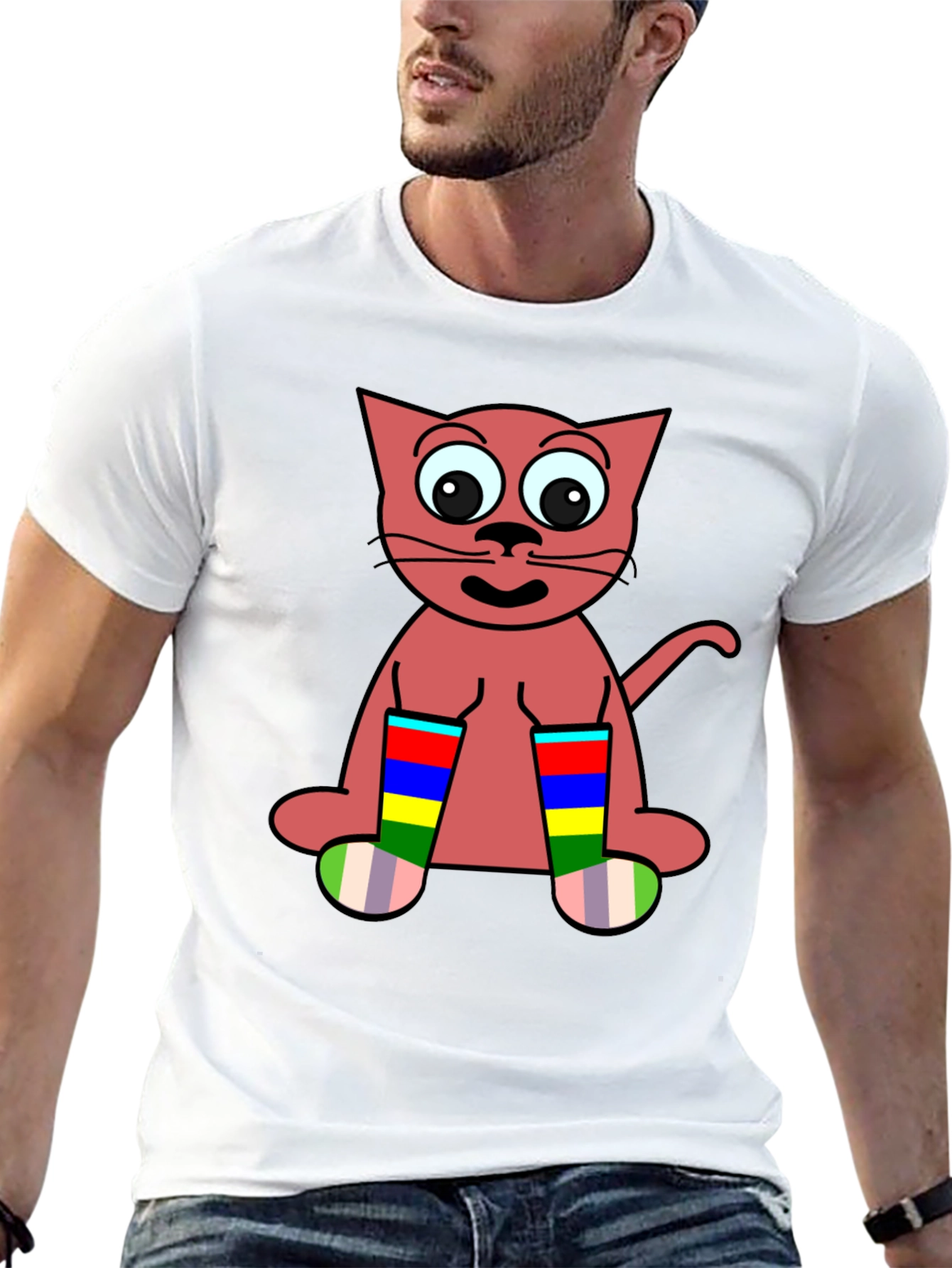 Cartoon Cat Rainbow Socks Black T-Shirt