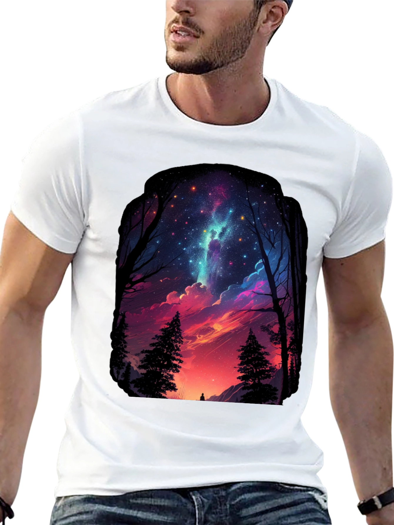 Starry Night Forest Graphic Tee - Black