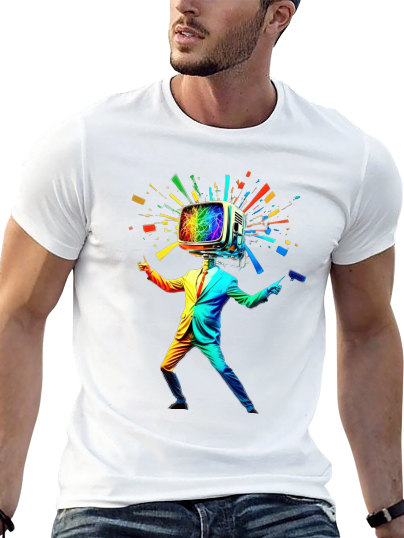 Rainbow TV Head Man Black T-Shirt