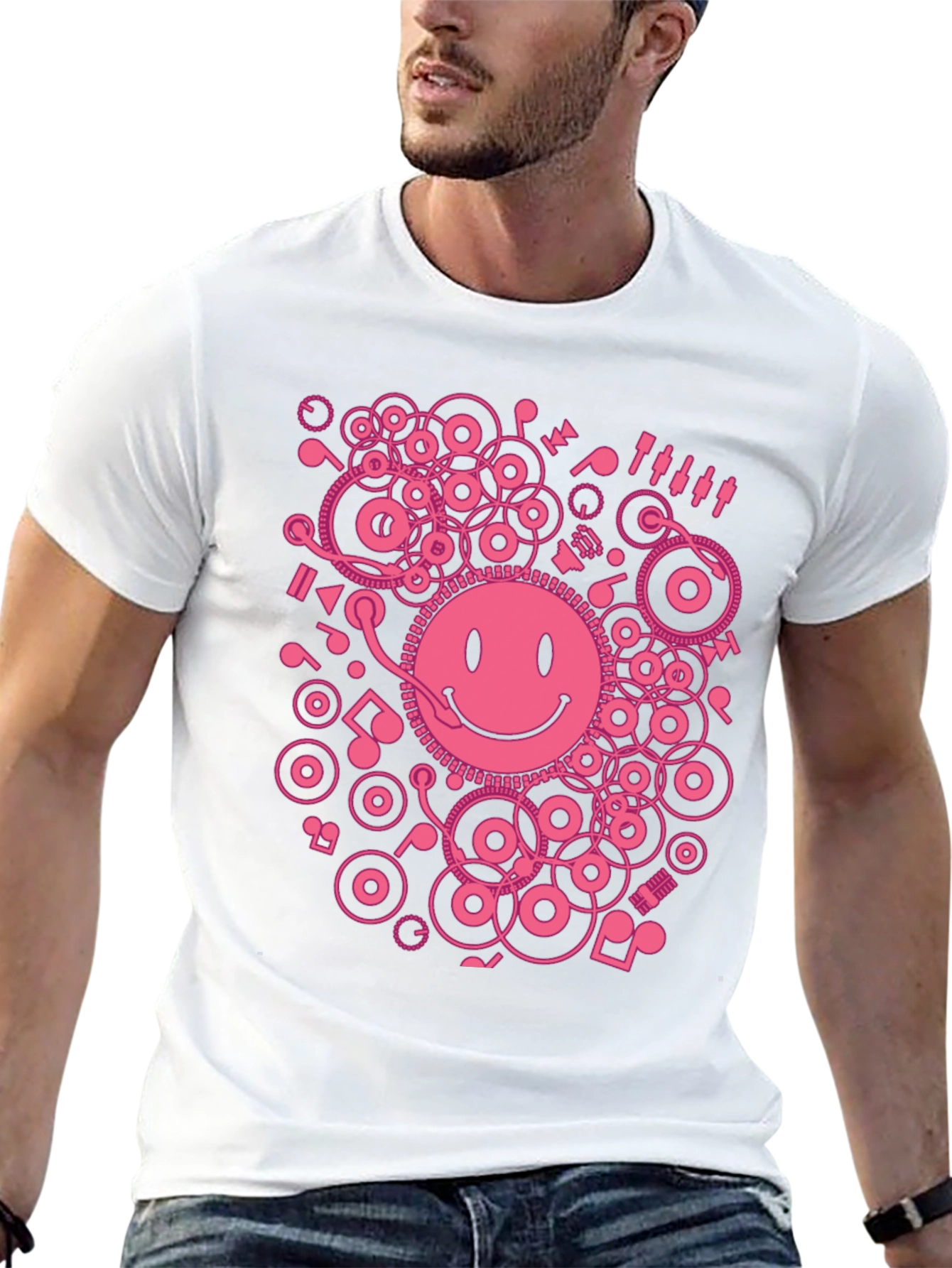 Smiley Face DJ Graphic Tee - Black Cotton Blend
