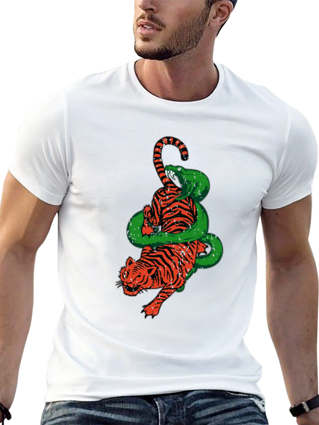 Tiger and Snake Graphic Print Black T-Shirt