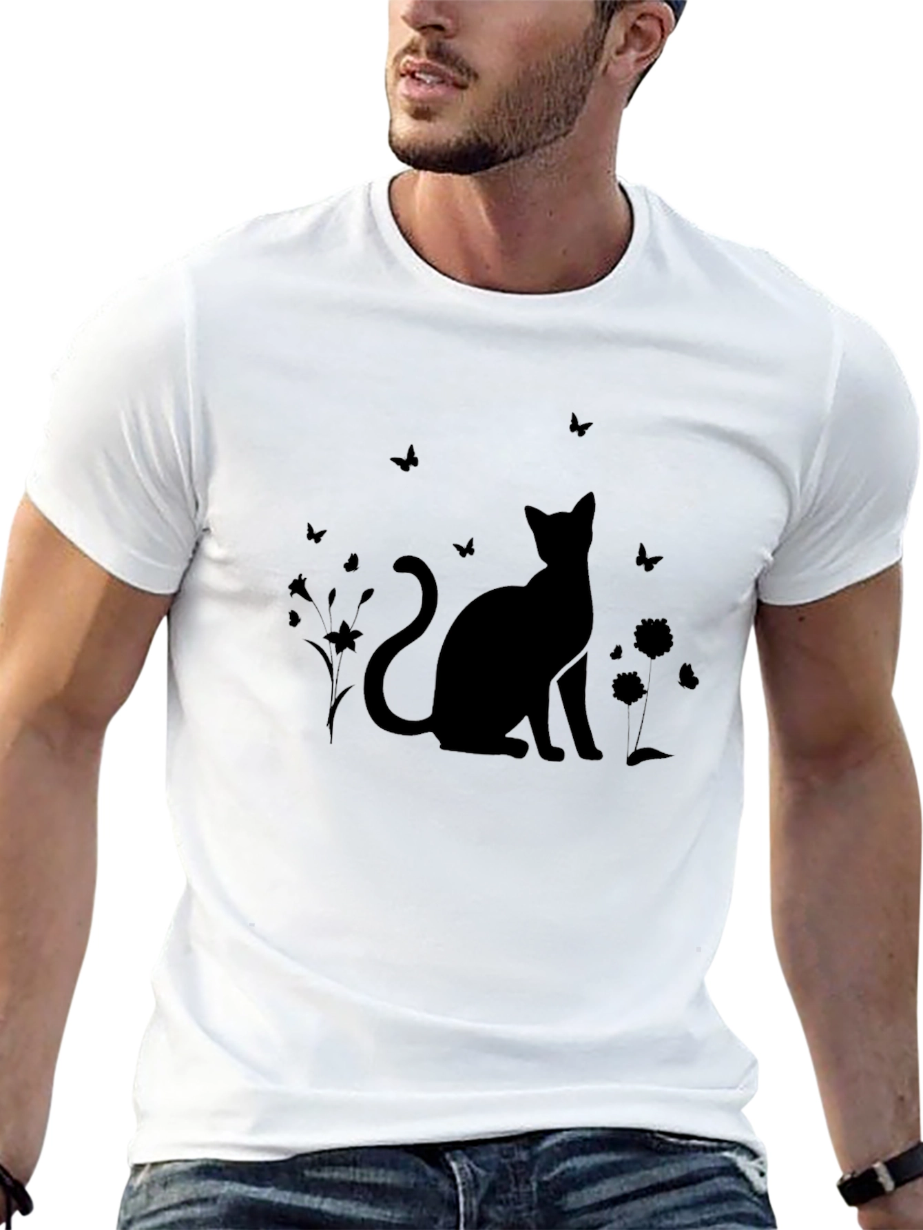Silhouette Cat & Butterfly Black T-Shirt