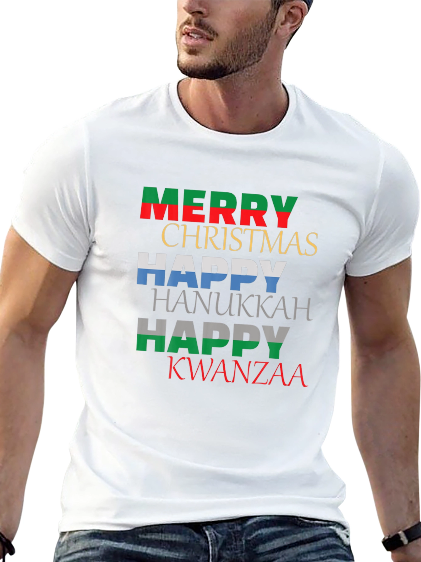 Holiday Greetings T-Shirt: Merry Christmas Happy Hanukkah Kwanzaa