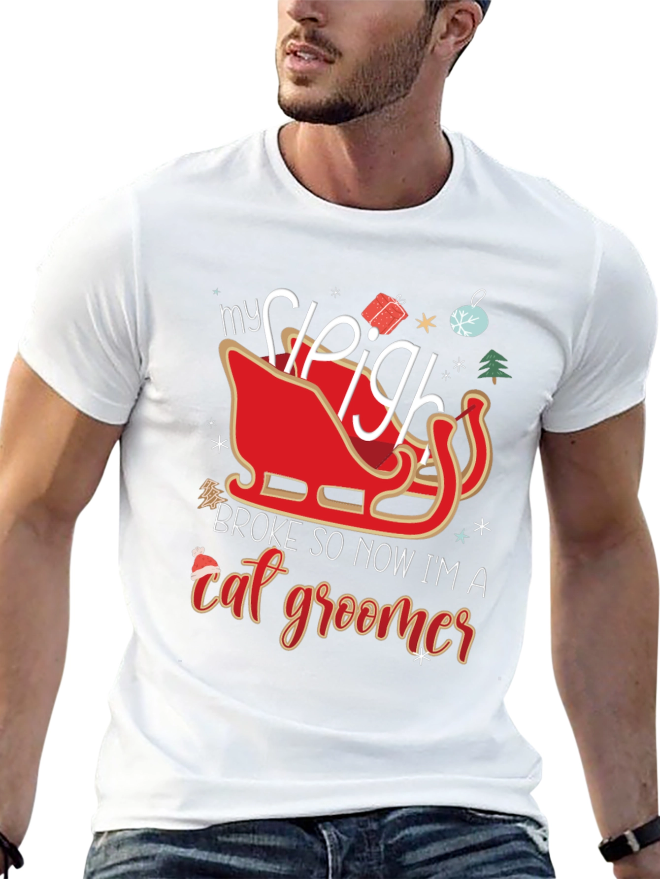 Funny Christmas Sleigh Cat Groomer T-Shirt