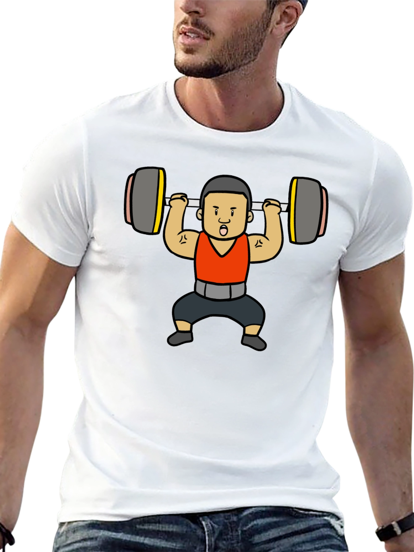 Weightlifter Cartoon Graphic T-Shirt - Black