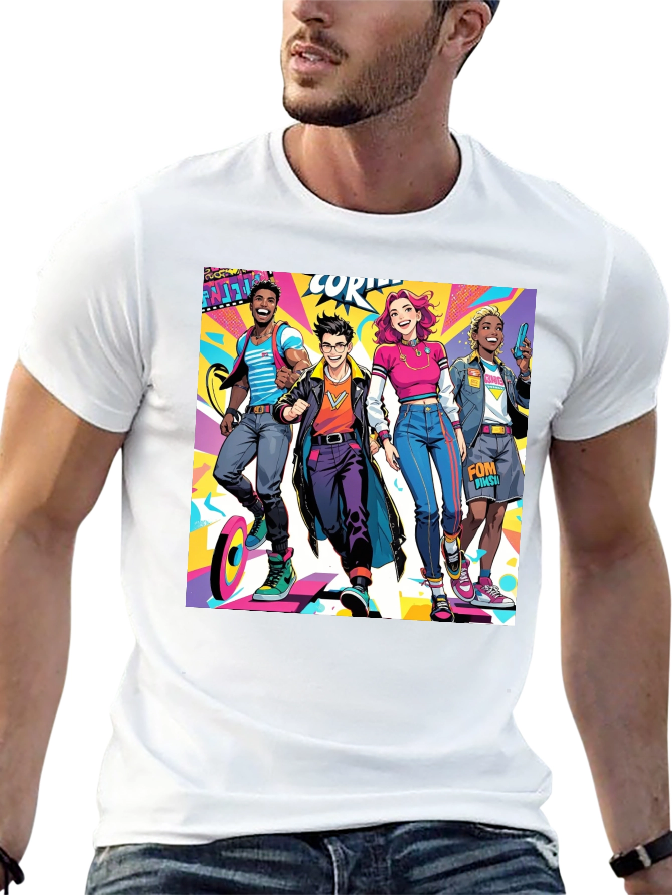 Cartoon Style Crew Graphic Black T-Shirt