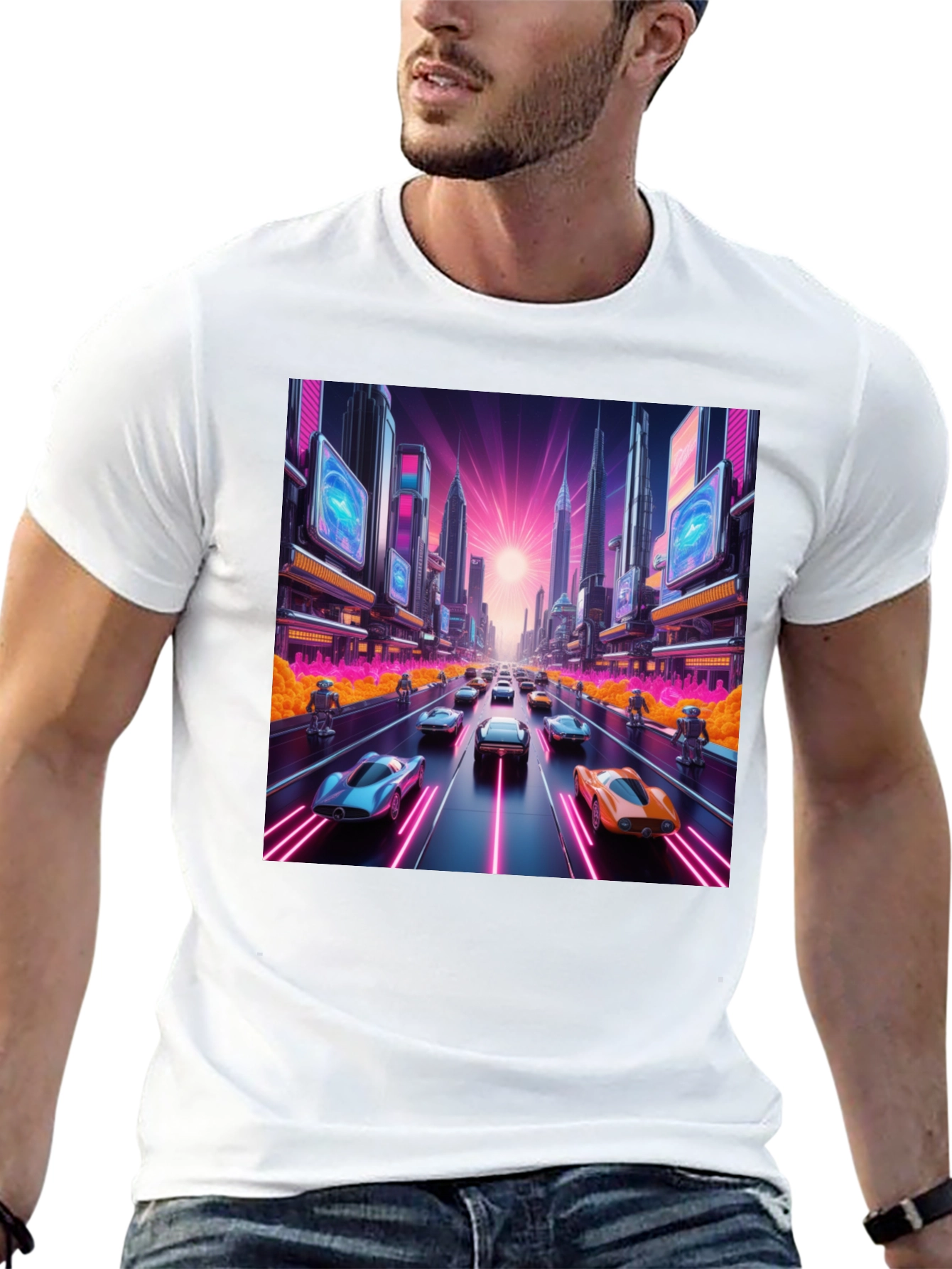 Cyberpunk Cityscape Car Race Graphic Tee