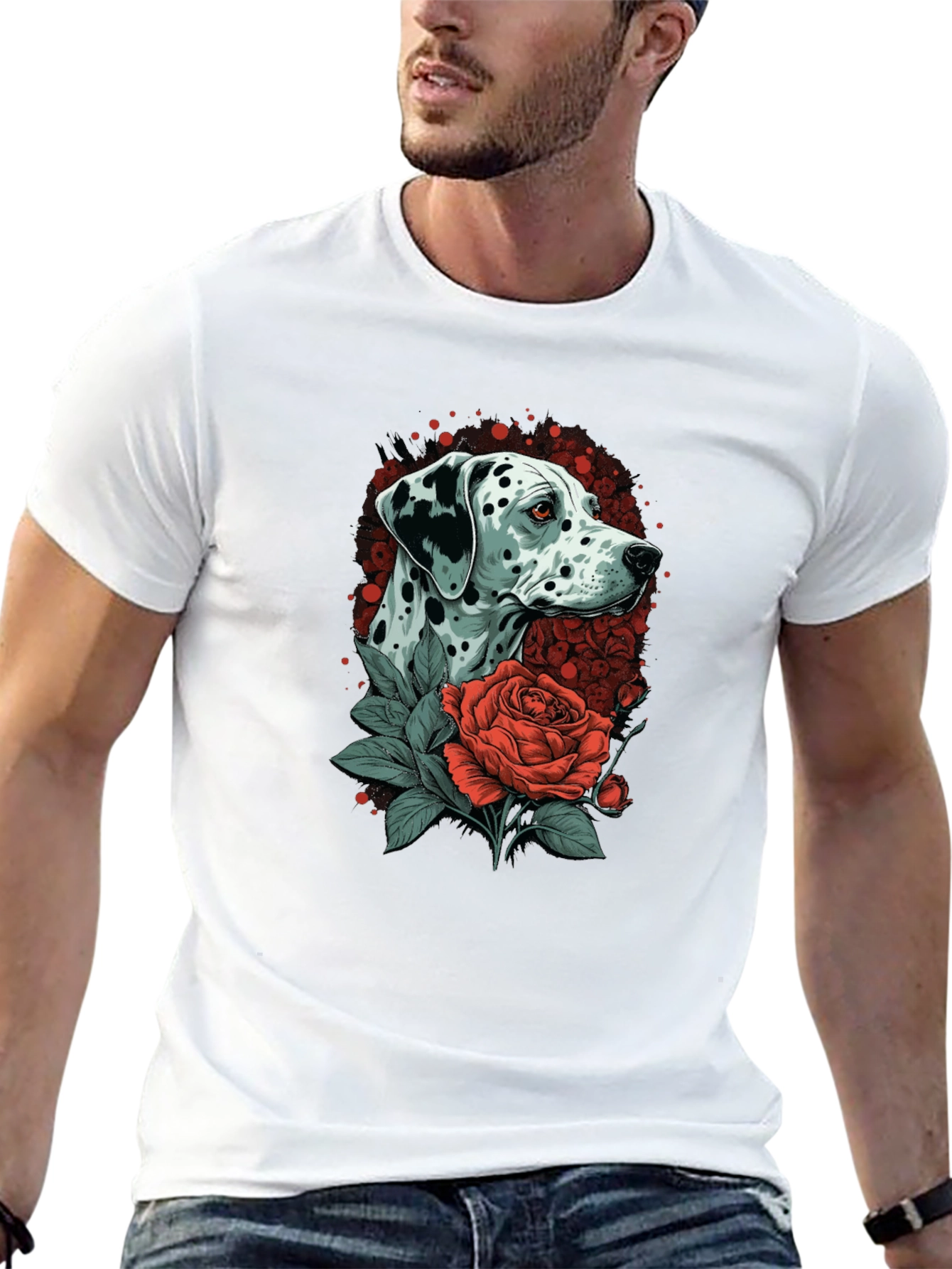 Dalmatian Dog & Rose Graphic Black T-Shirt