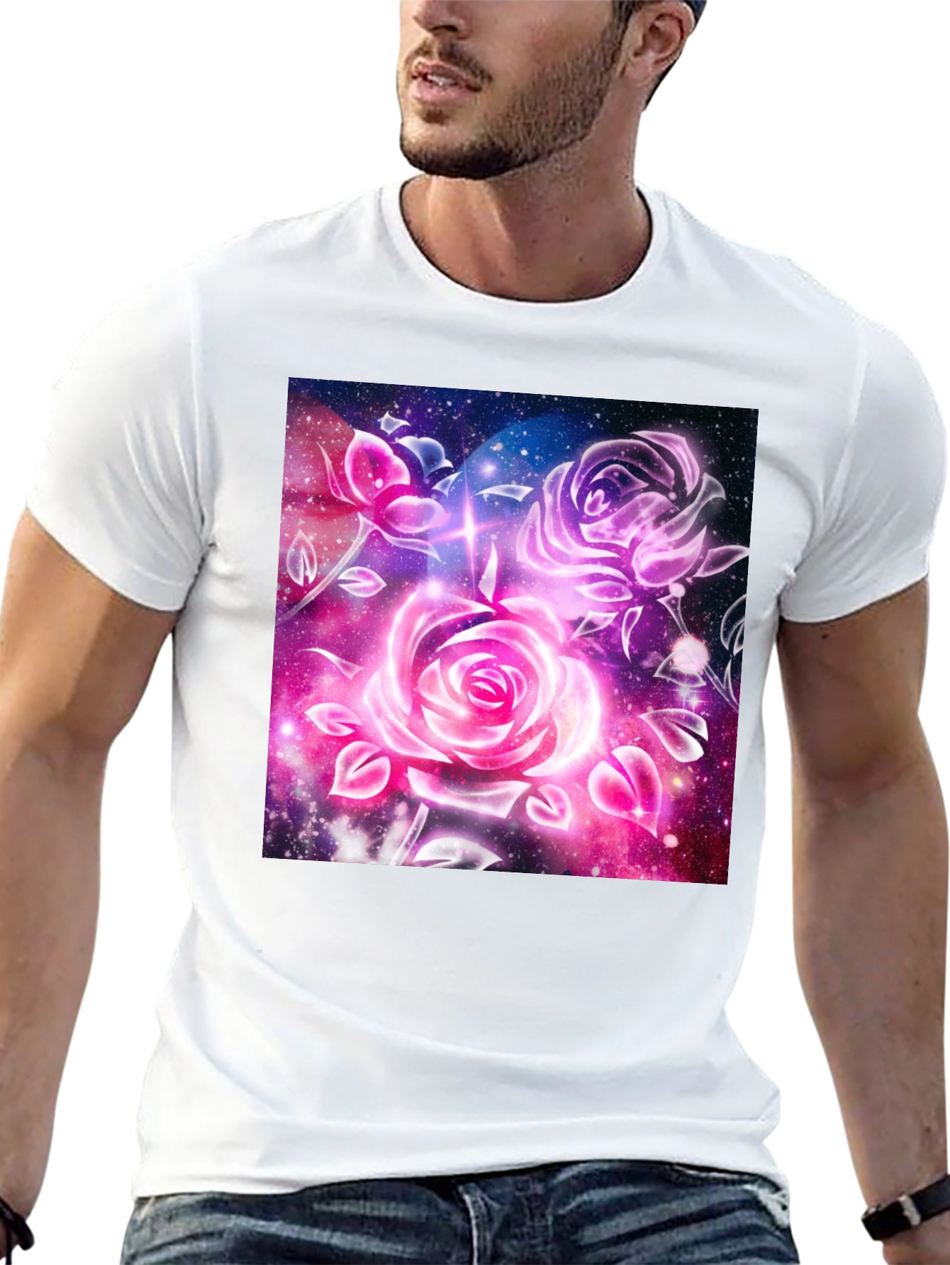 Galaxy Rose Graphic Tee - Cosmic Floral Design