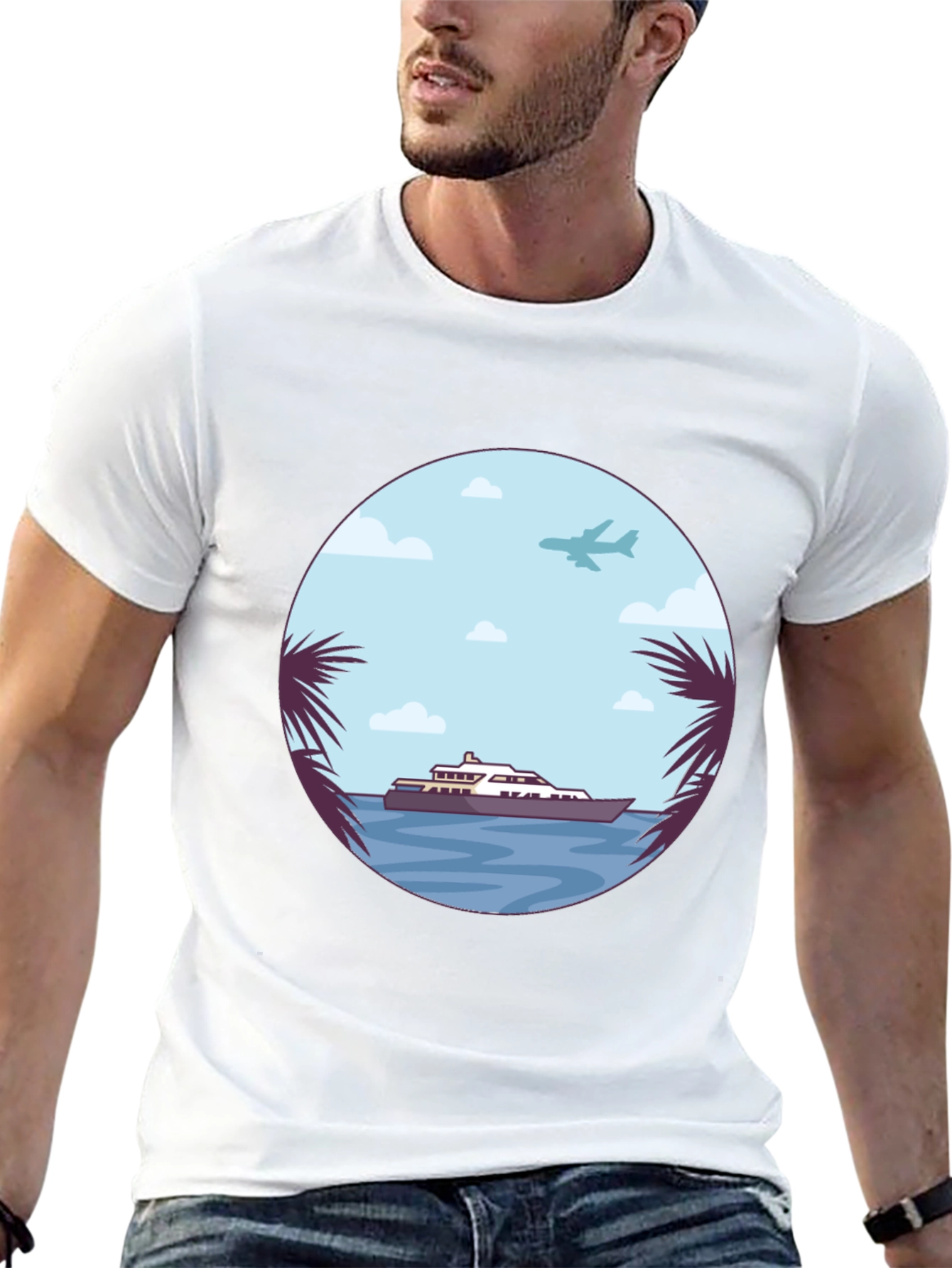 Tropical Getaway T-Shirt - Yacht & Palm Tree Design