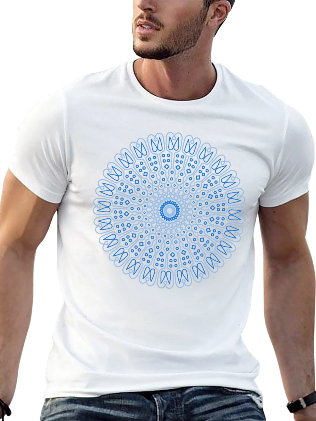 Blue Mandala Design Black T-Shirt