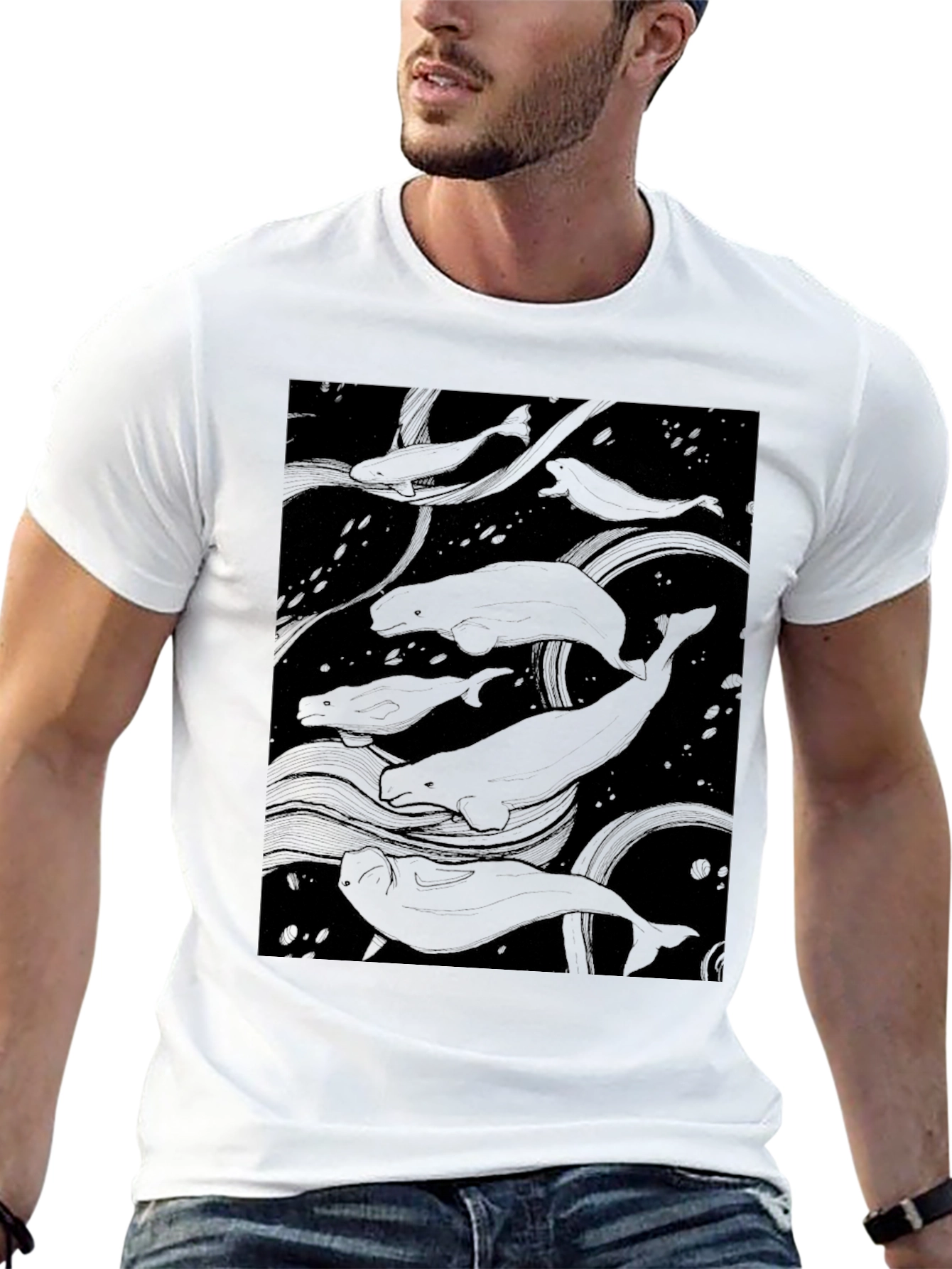 Beluga Whale Graphic Print Black T-Shirt
