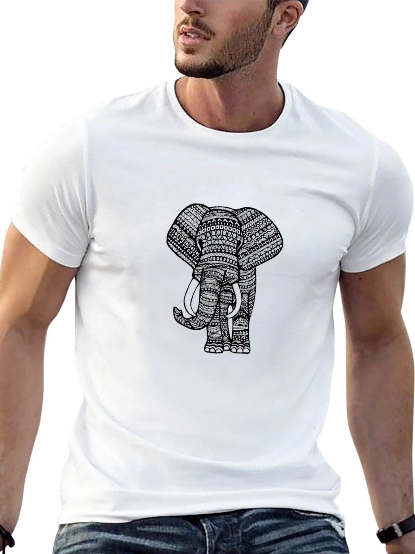 Black Elephant Print Mens T-Shirt