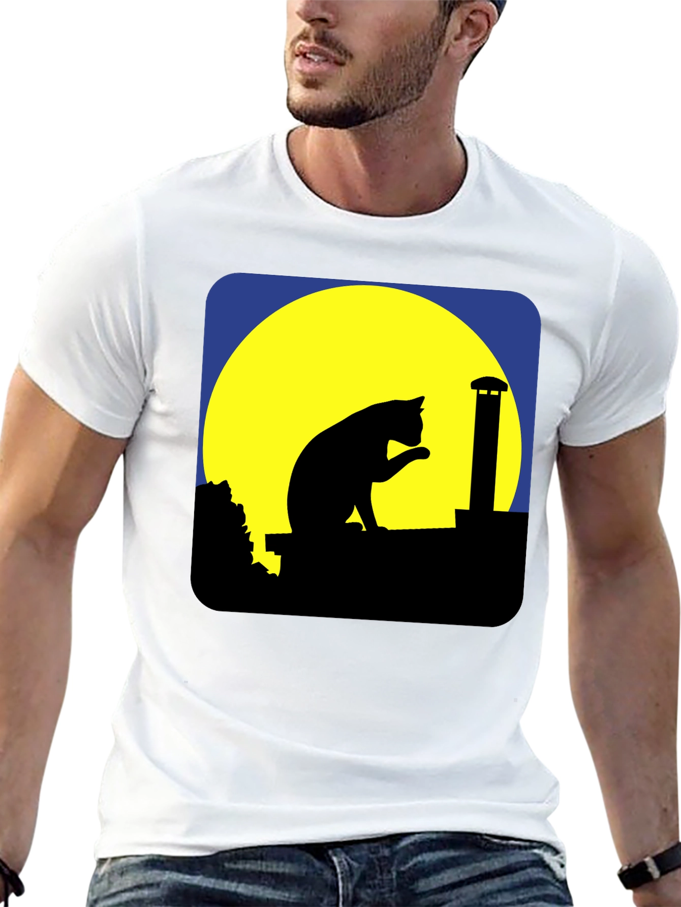Cat On Rooftop Silhouette Graphic Tee - Black