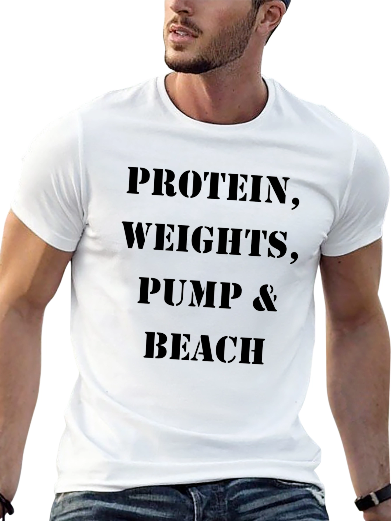 Gym Motivation T-Shirt: Protein Weights Pump Beach