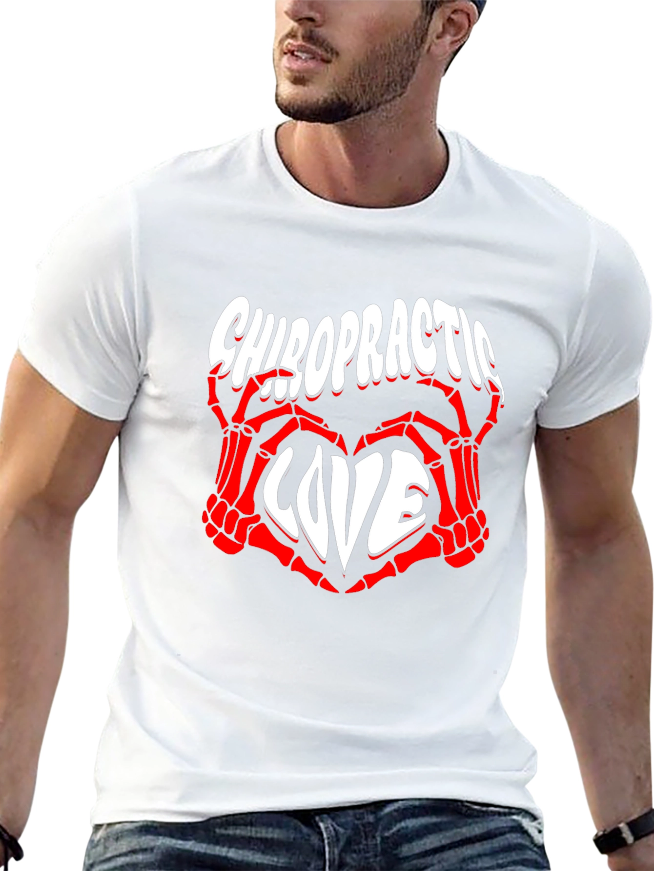 Chiropractic Love T-Shirt - Red Skeleton Hands Heart