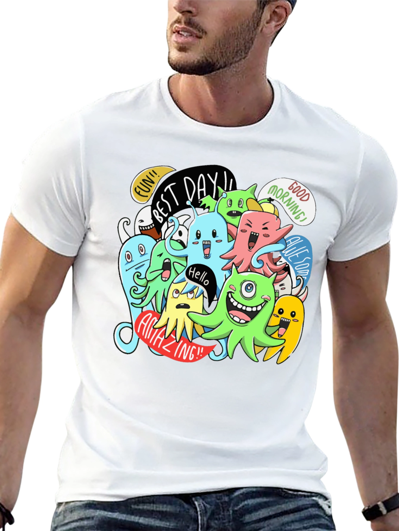 Fun Cartoon Monster Graphic Black T-Shirt