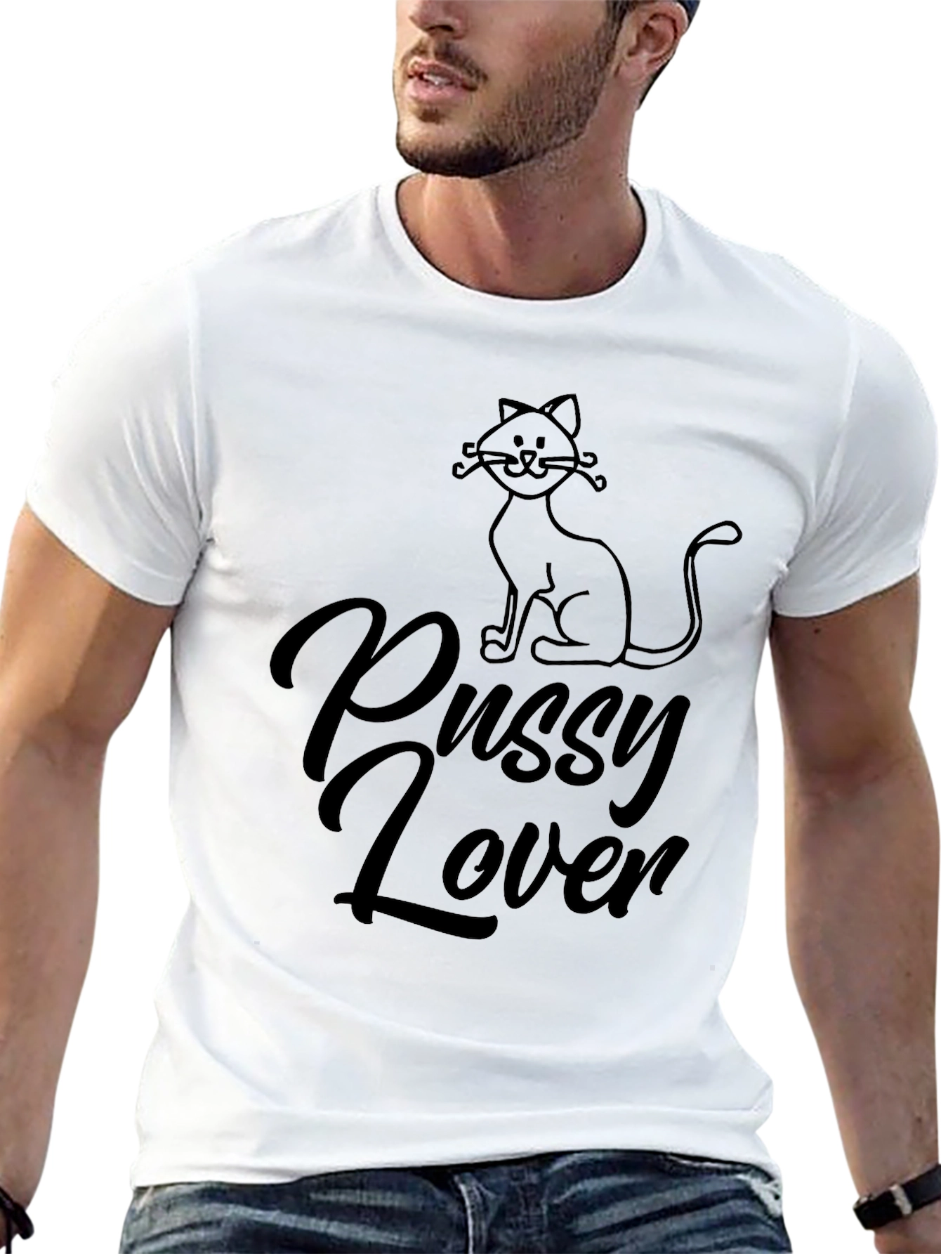 Pussy Lover Cat Graphic T-Shirt - Black