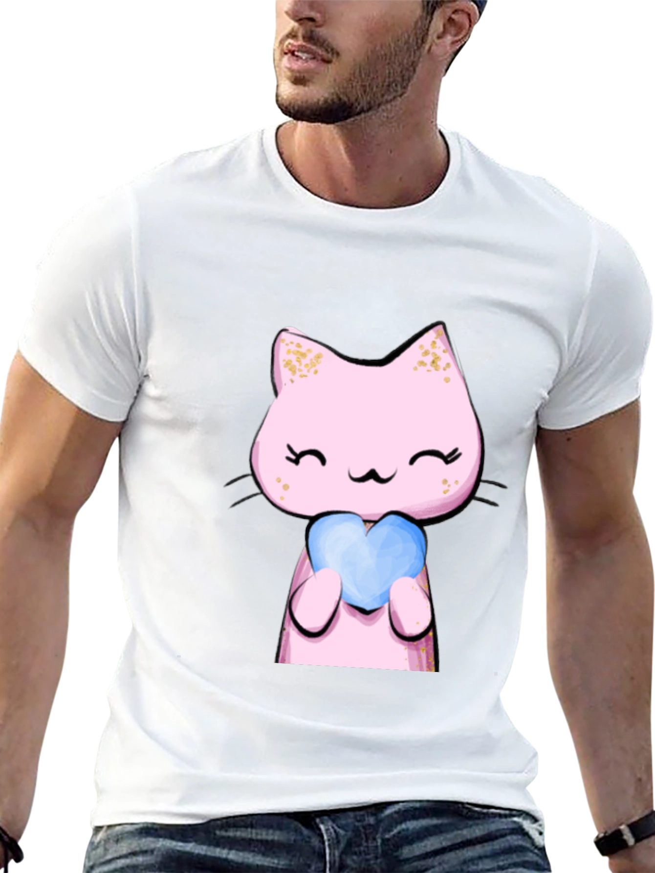 Cute Pink Cat Holding Heart T-Shirt