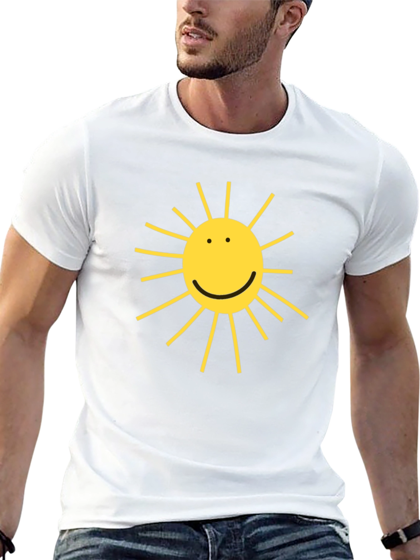 Black T-Shirt with Yellow Smiling Sun Graphic