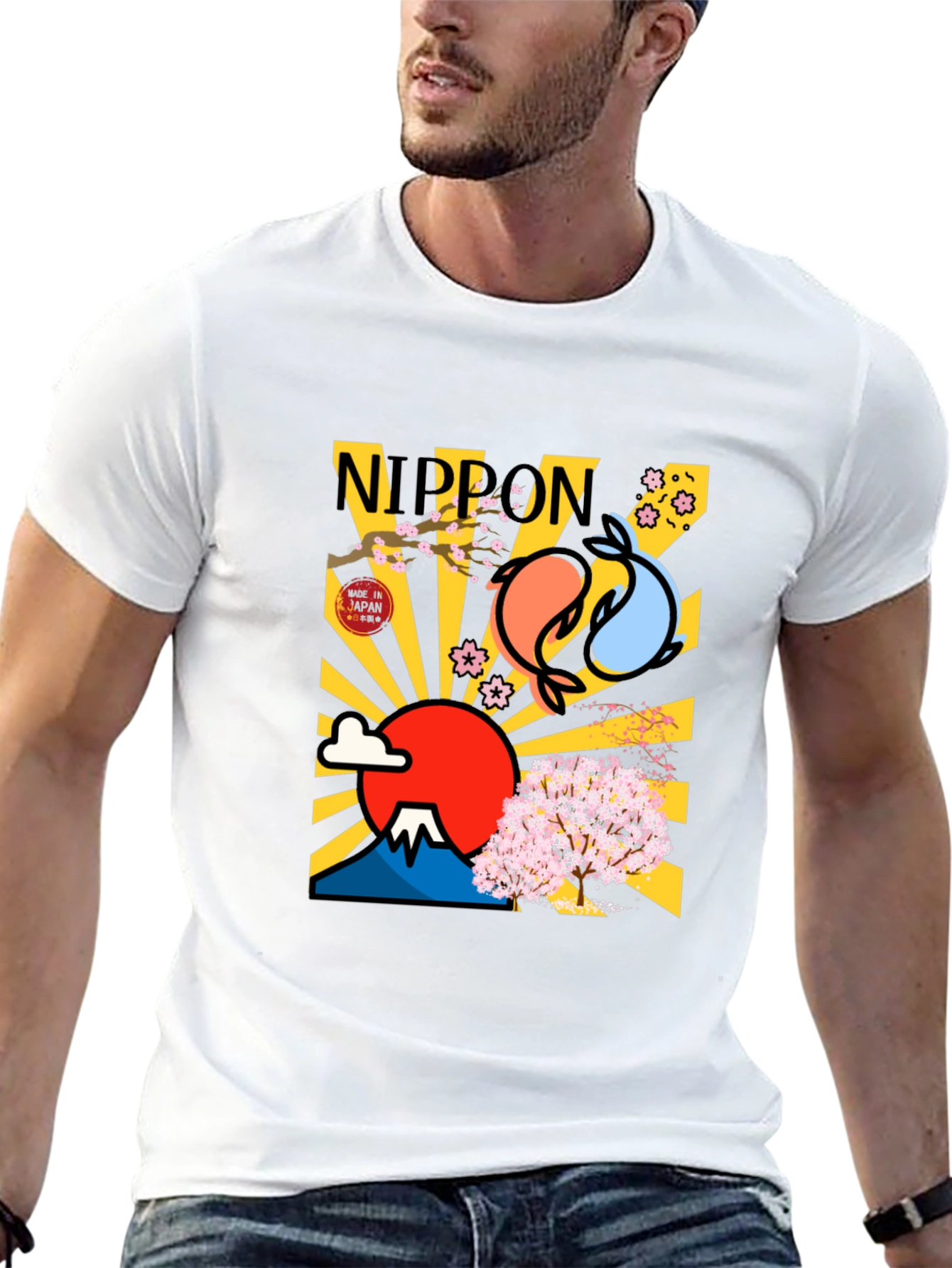 Nippon Japan Mount Fuji Koi Fish Graphic T-Shirt
