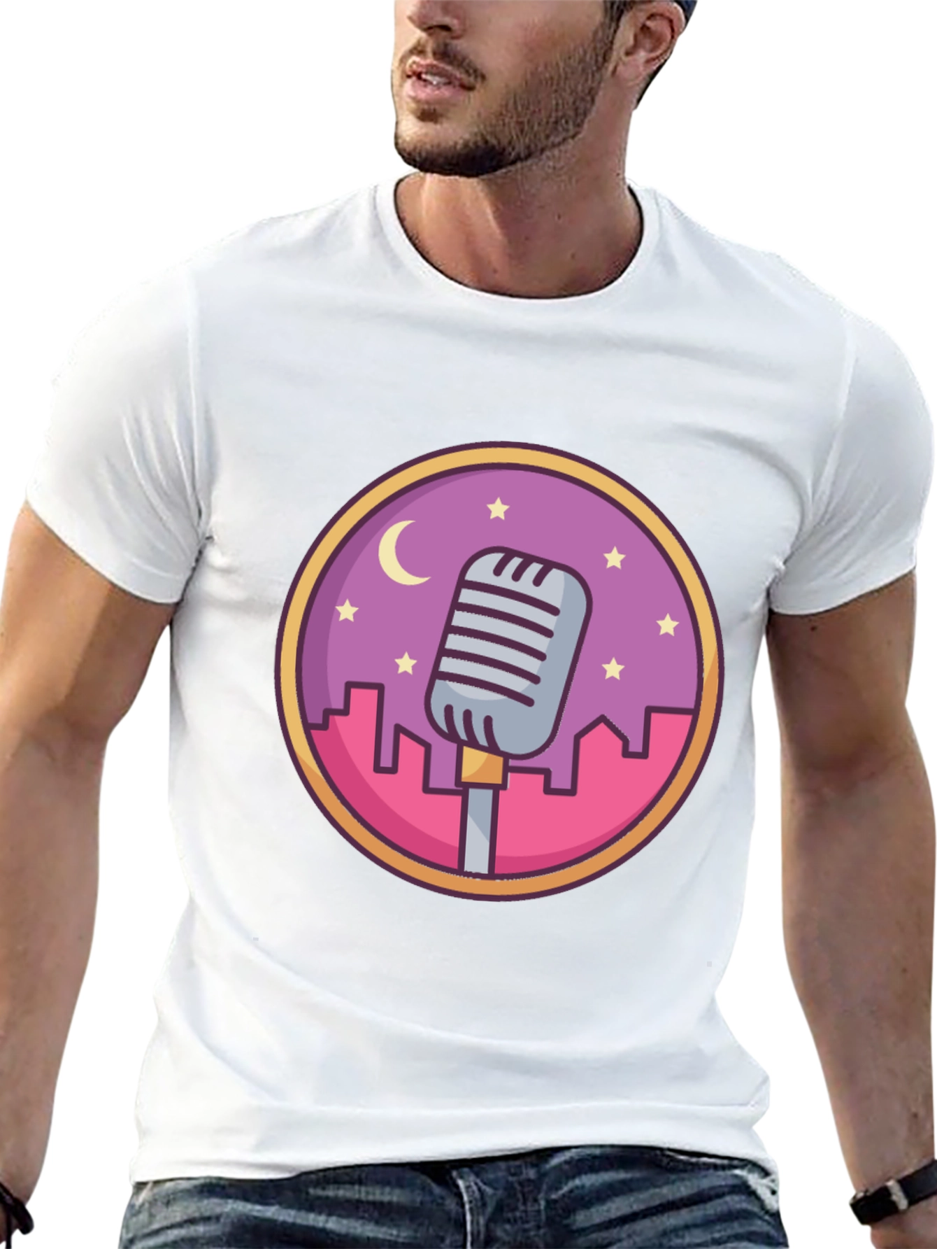Retro Microphone Cityscape Graphic Tee