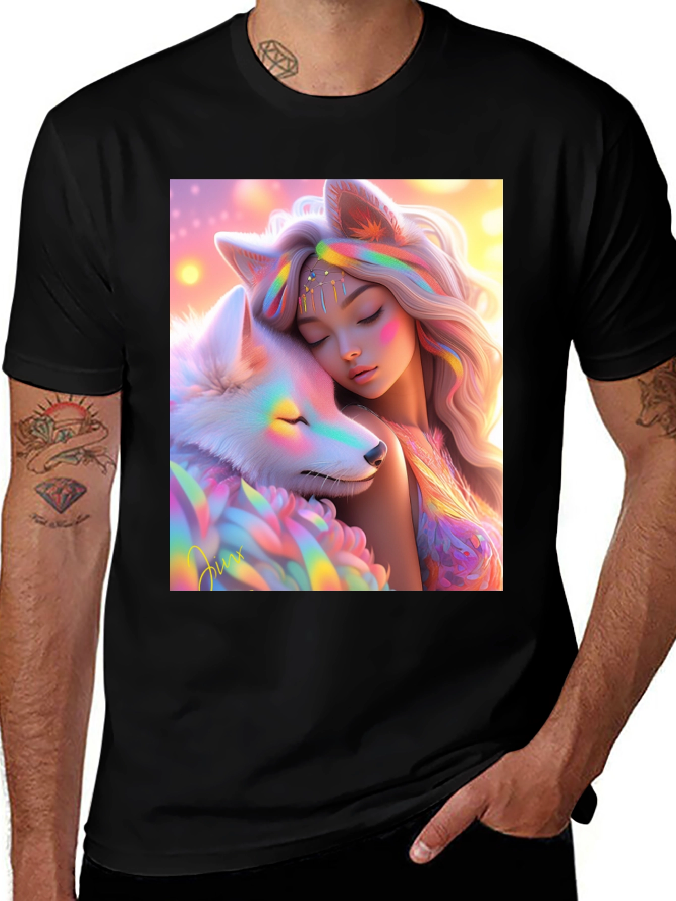 Fantasy Girl and Wolf Graphic T-Shirt