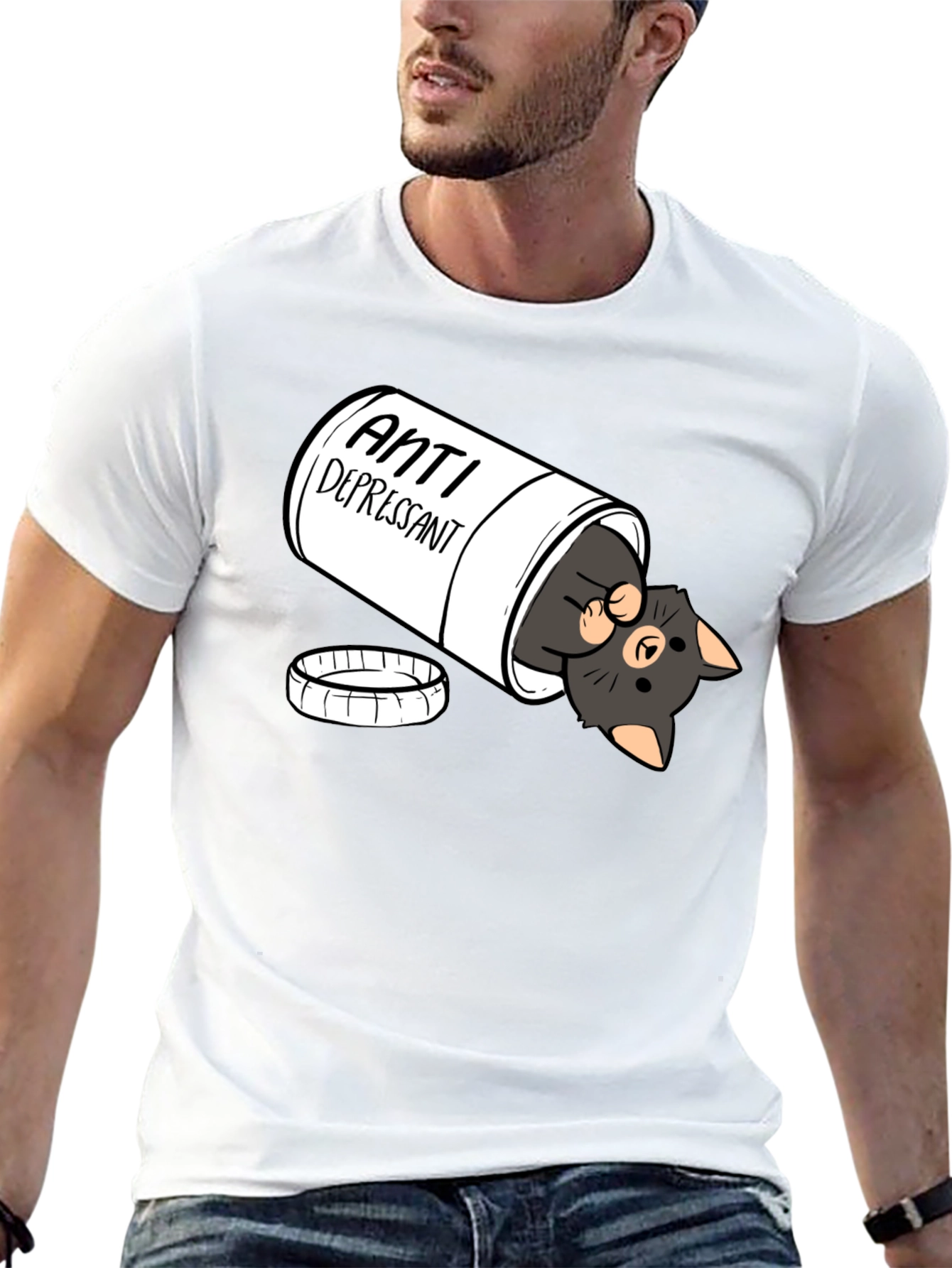 Anti-Depressant Cat T-Shirt - Black Crew Neck