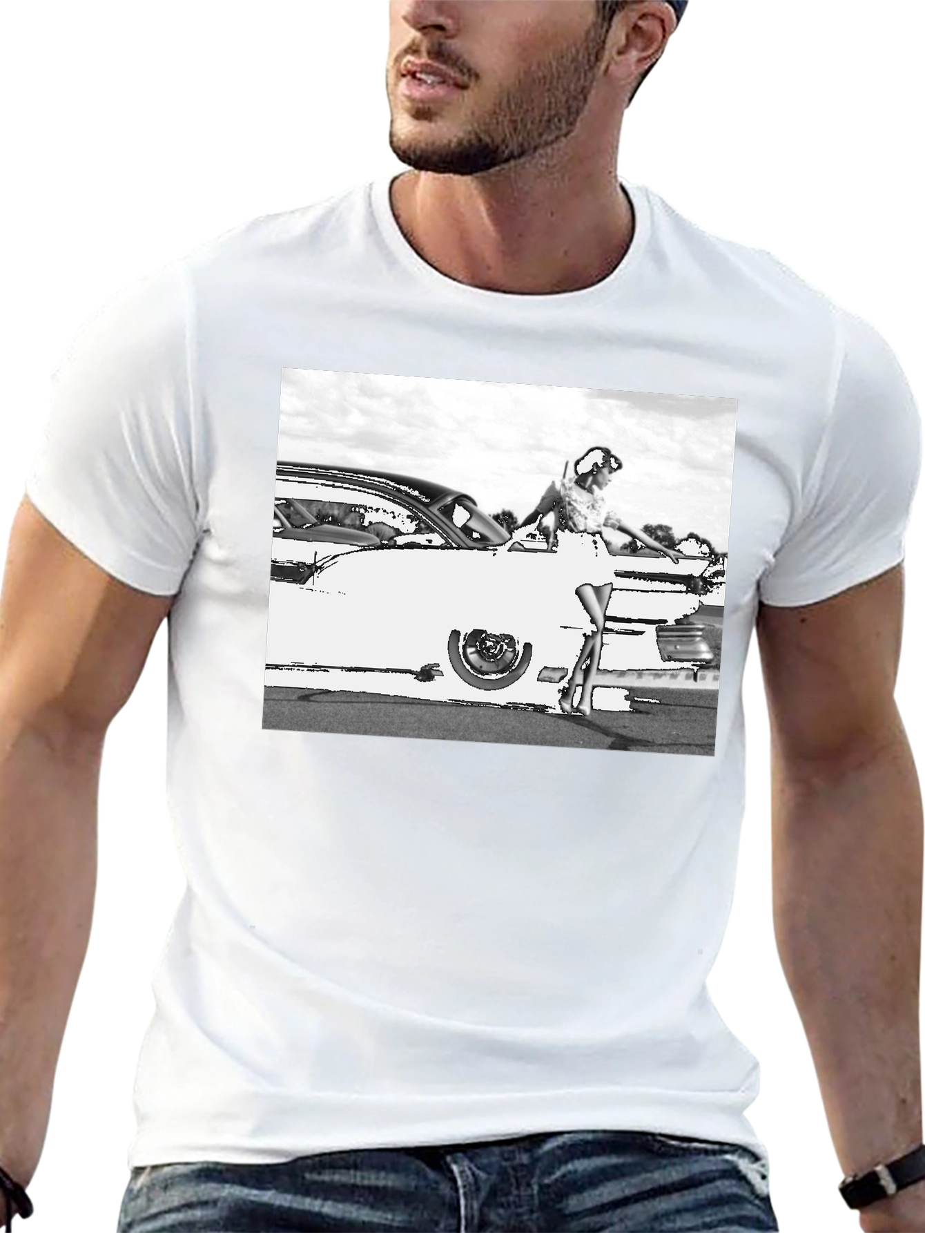 Retro Car & Model Graphic T-Shirt
