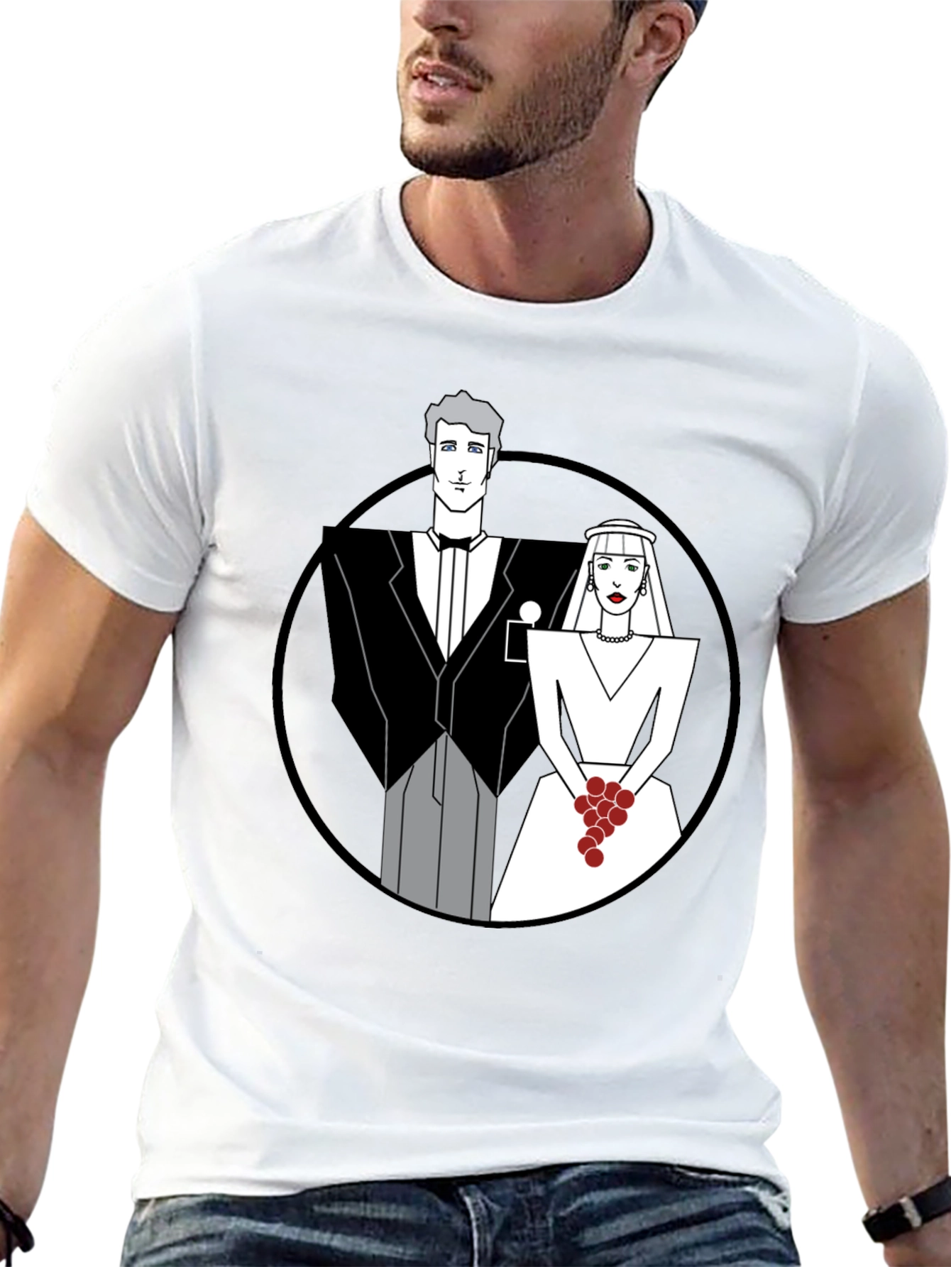 Art Deco Wedding Couple Graphic Tee - Black