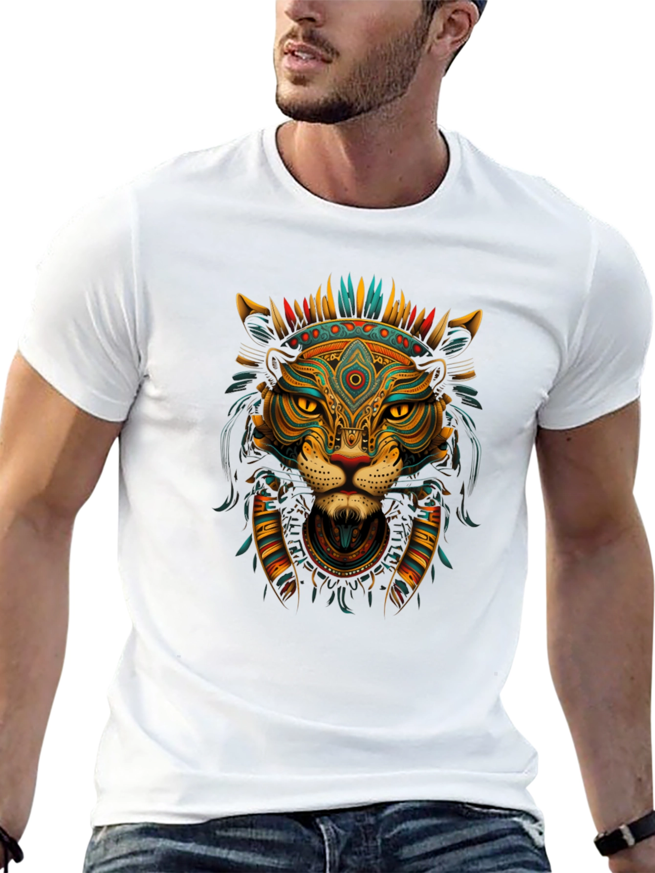 Aztec Lion Graphic Tee - Black Crew Neck T-Shirt