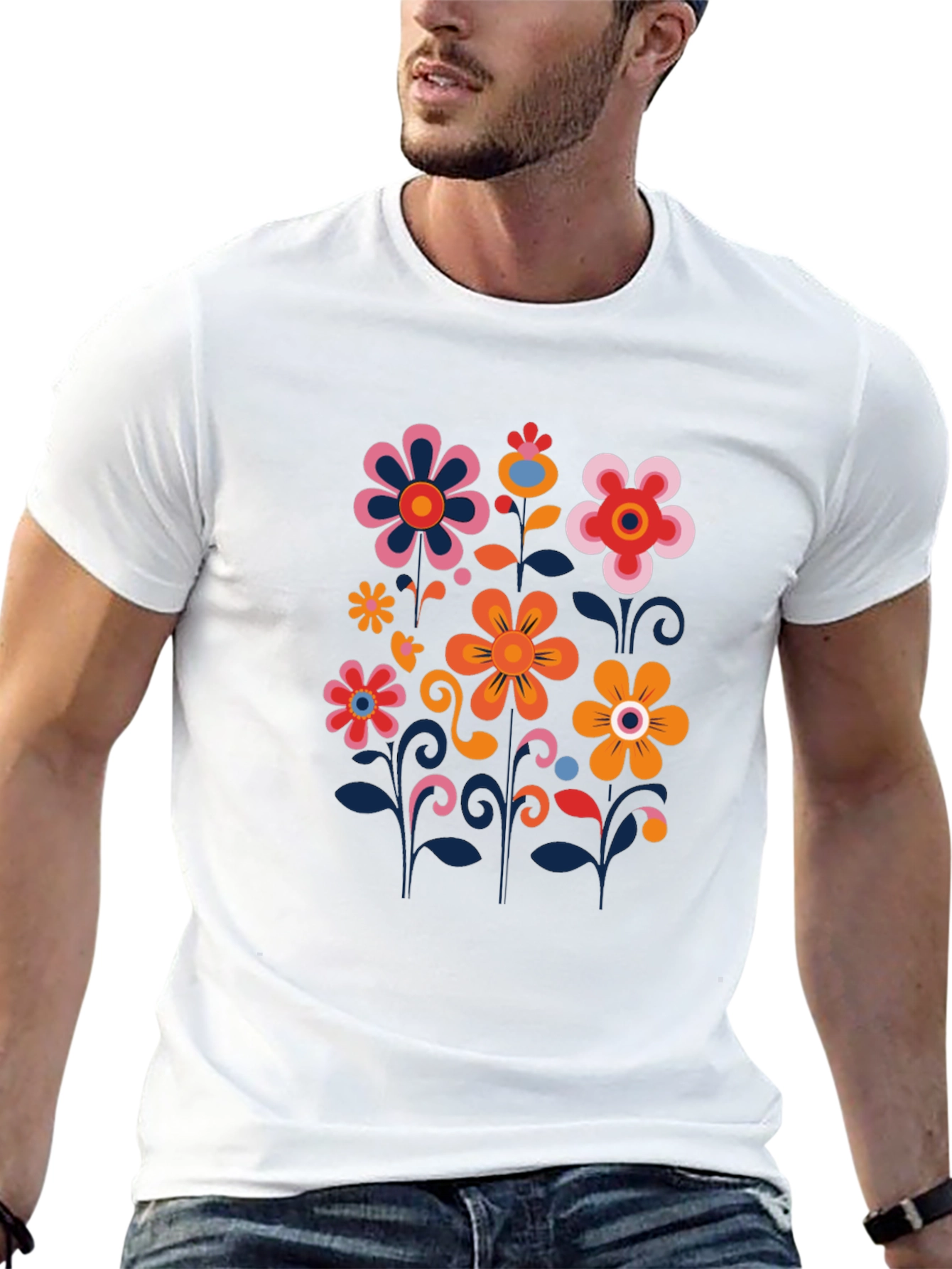 Retro Floral Print Black T-Shirt