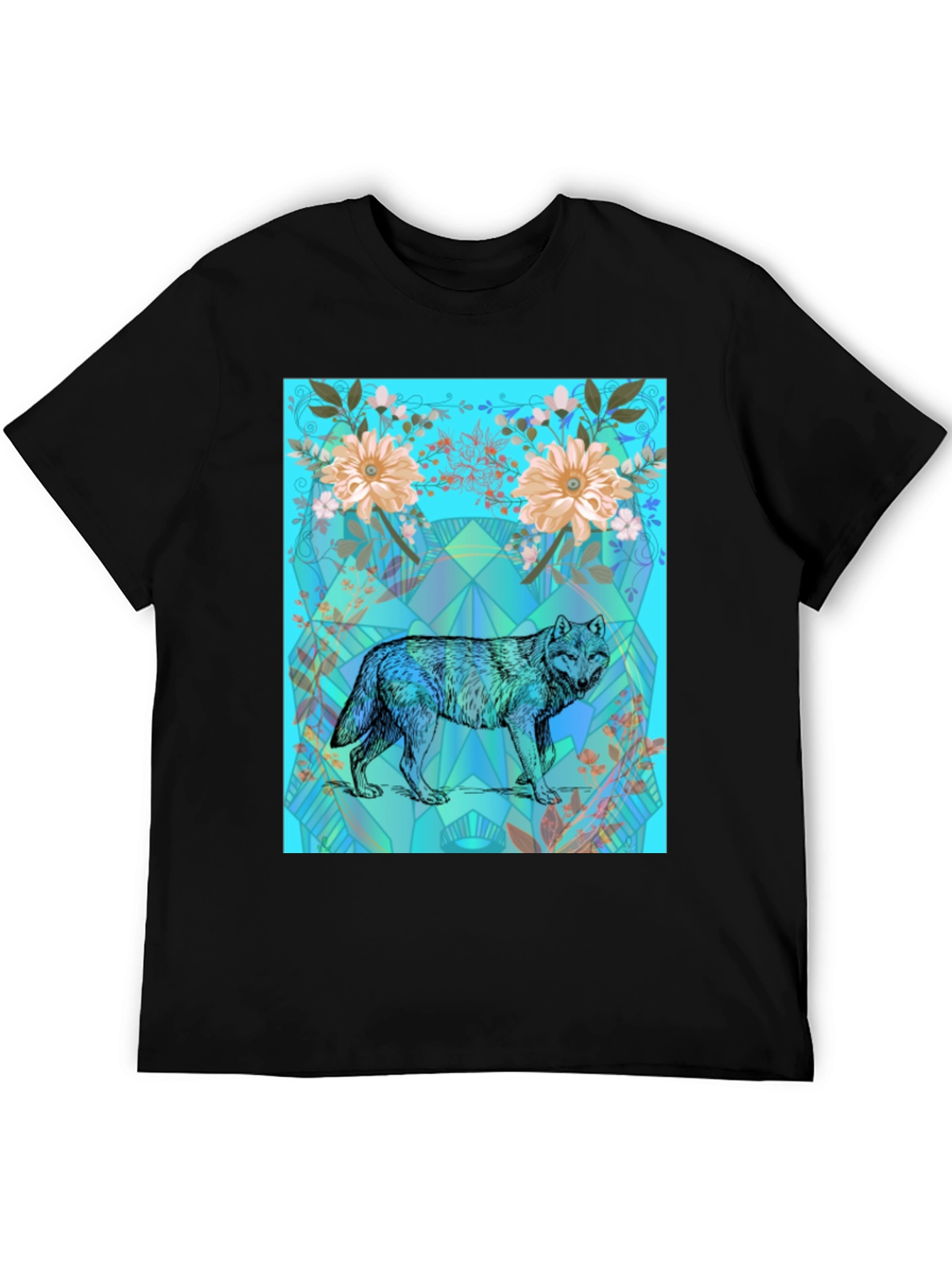Wolf Floral Print Graphic Tee - Black