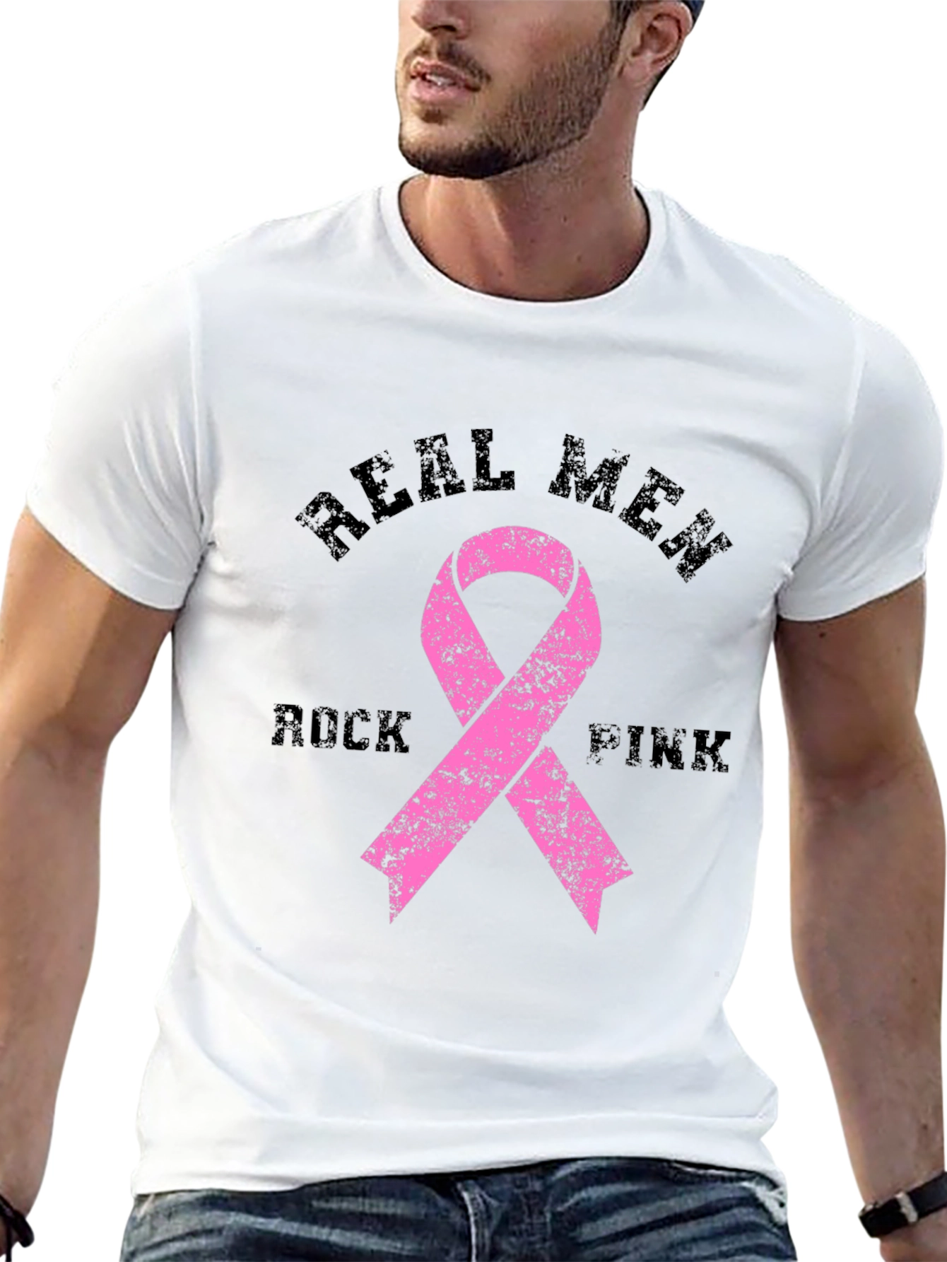 Real Men Rock Pink Breast Cancer Awareness T-Shirt