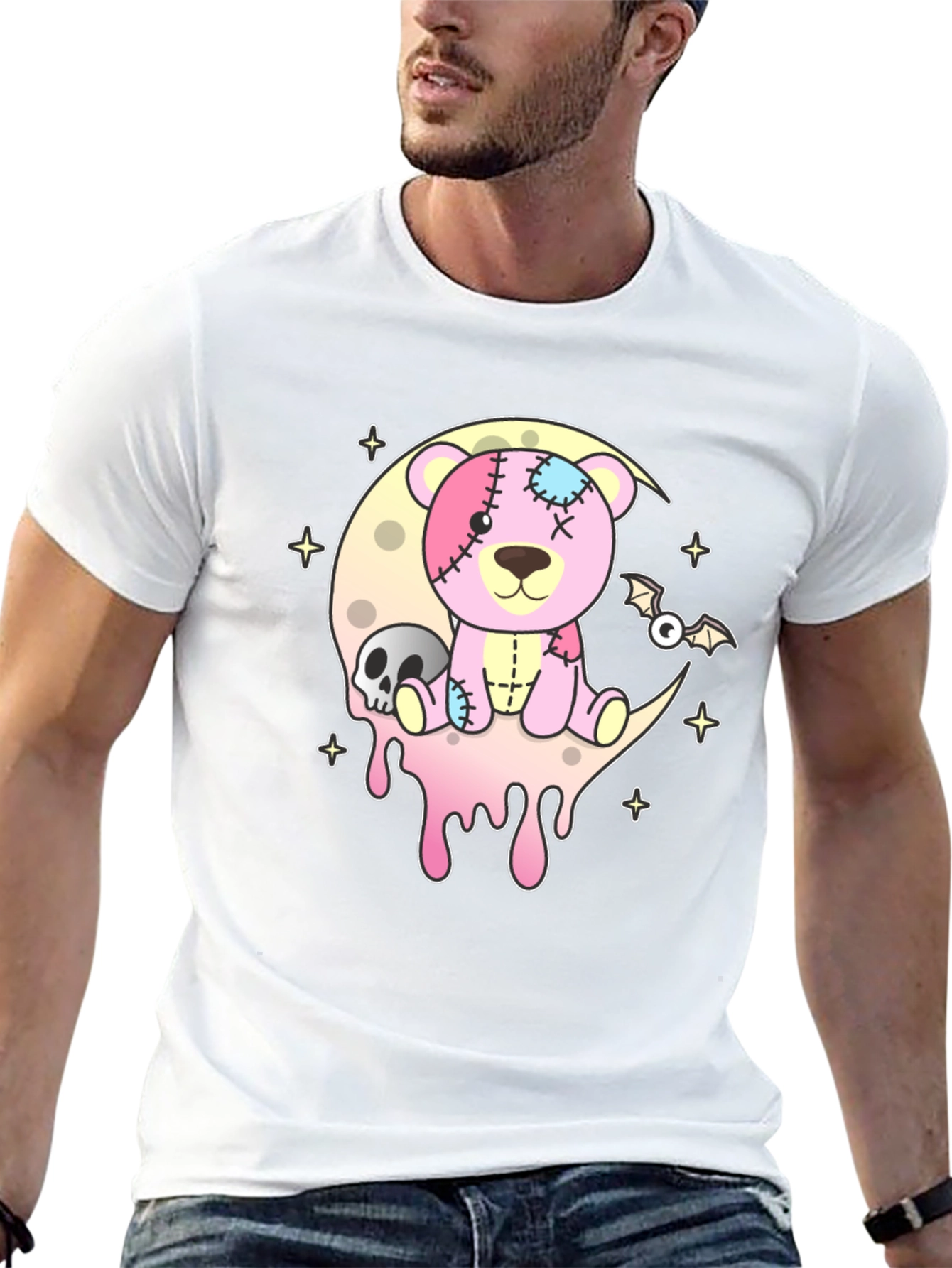 Creepy Cute Teddy Bear Moon Black T-Shirt