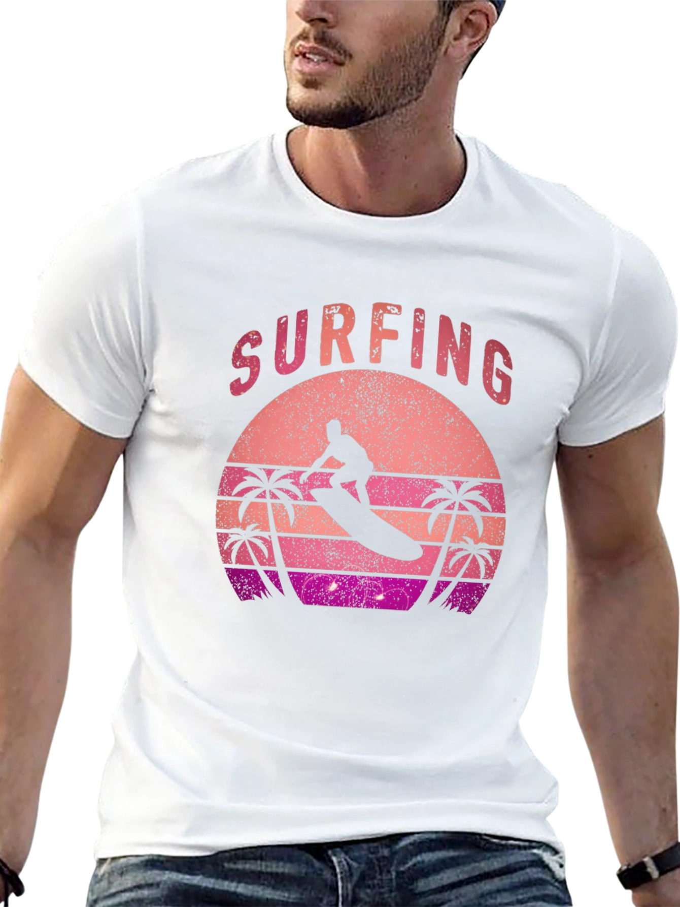 Retro Surfing Sunset Graphic Tee - Black Cotton T-Shirt