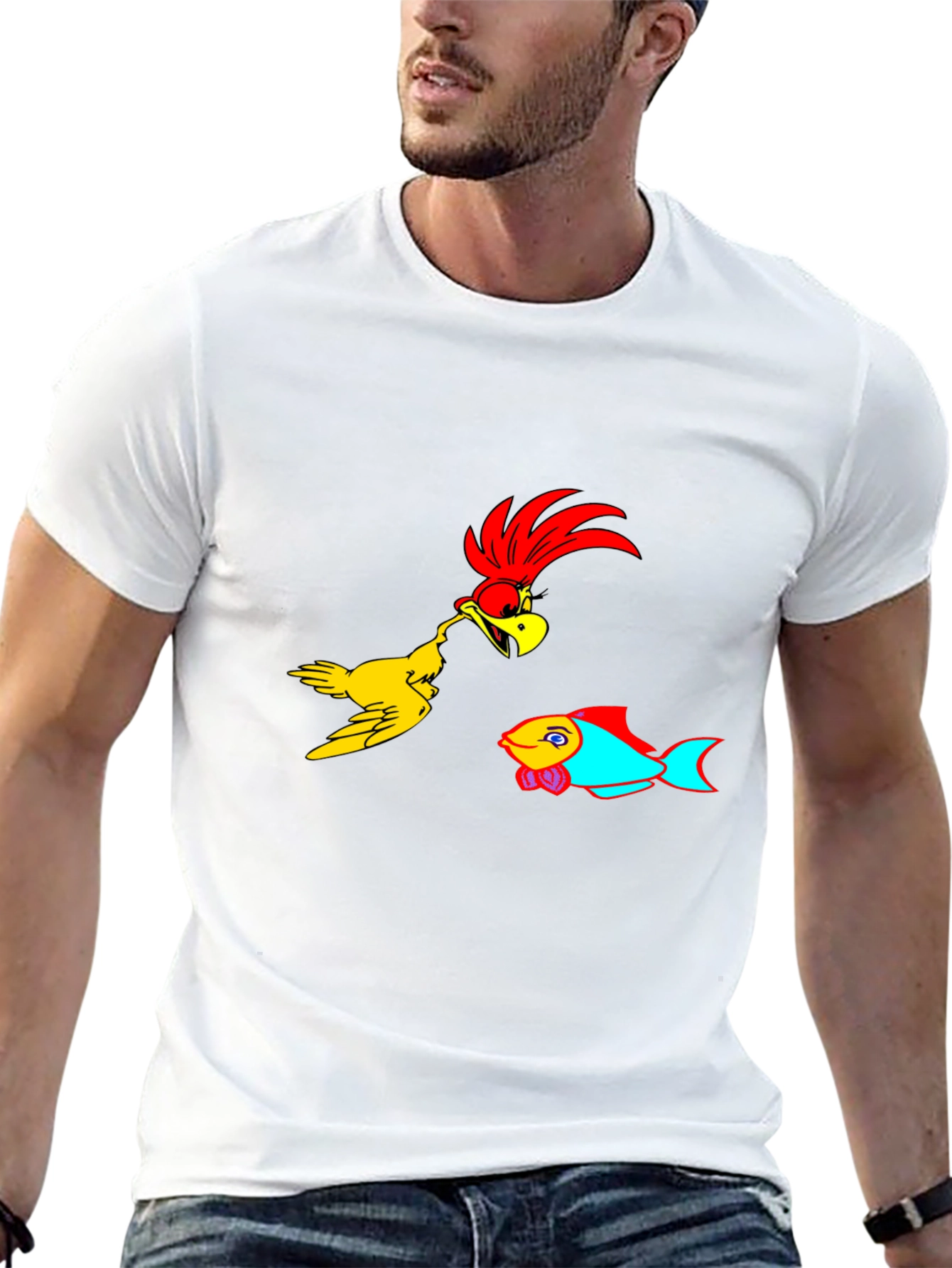 Cartoon Bird & Fish Graphic Black T-Shirt