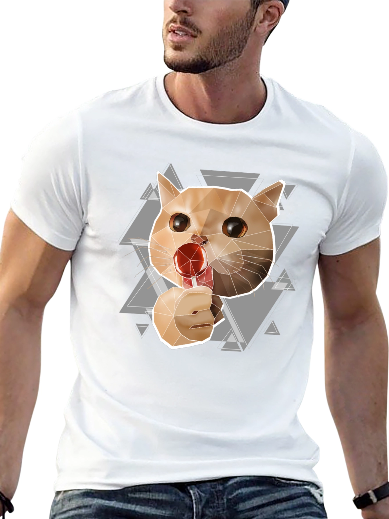 Geometric Cat Lollipop Graphic Tee - Black Cotton Blend