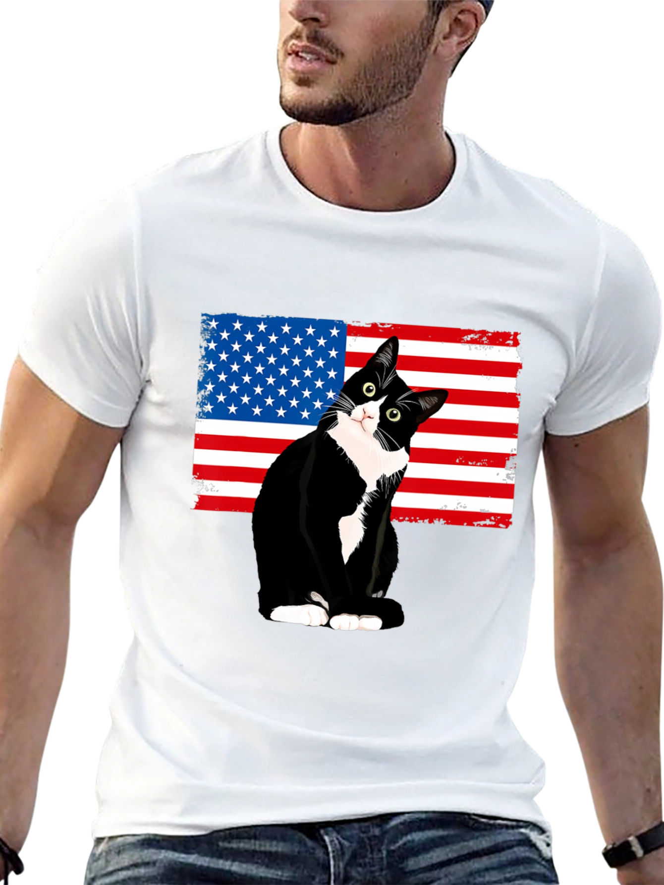 Patriotic Cat USA Flag T-Shirt - Black