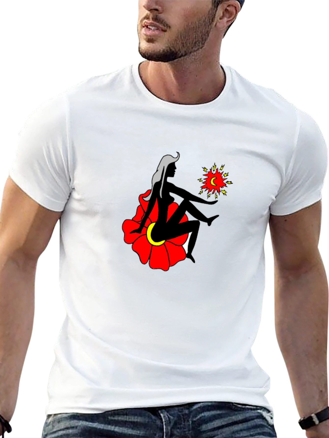 Black T-Shirt with Woman and Flower Graphic