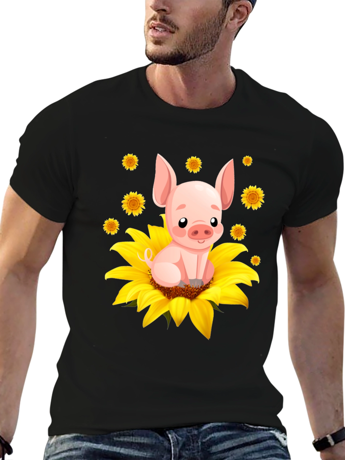 Pig Sunflower Graphic Tee - Cute Animal Lover Shirt