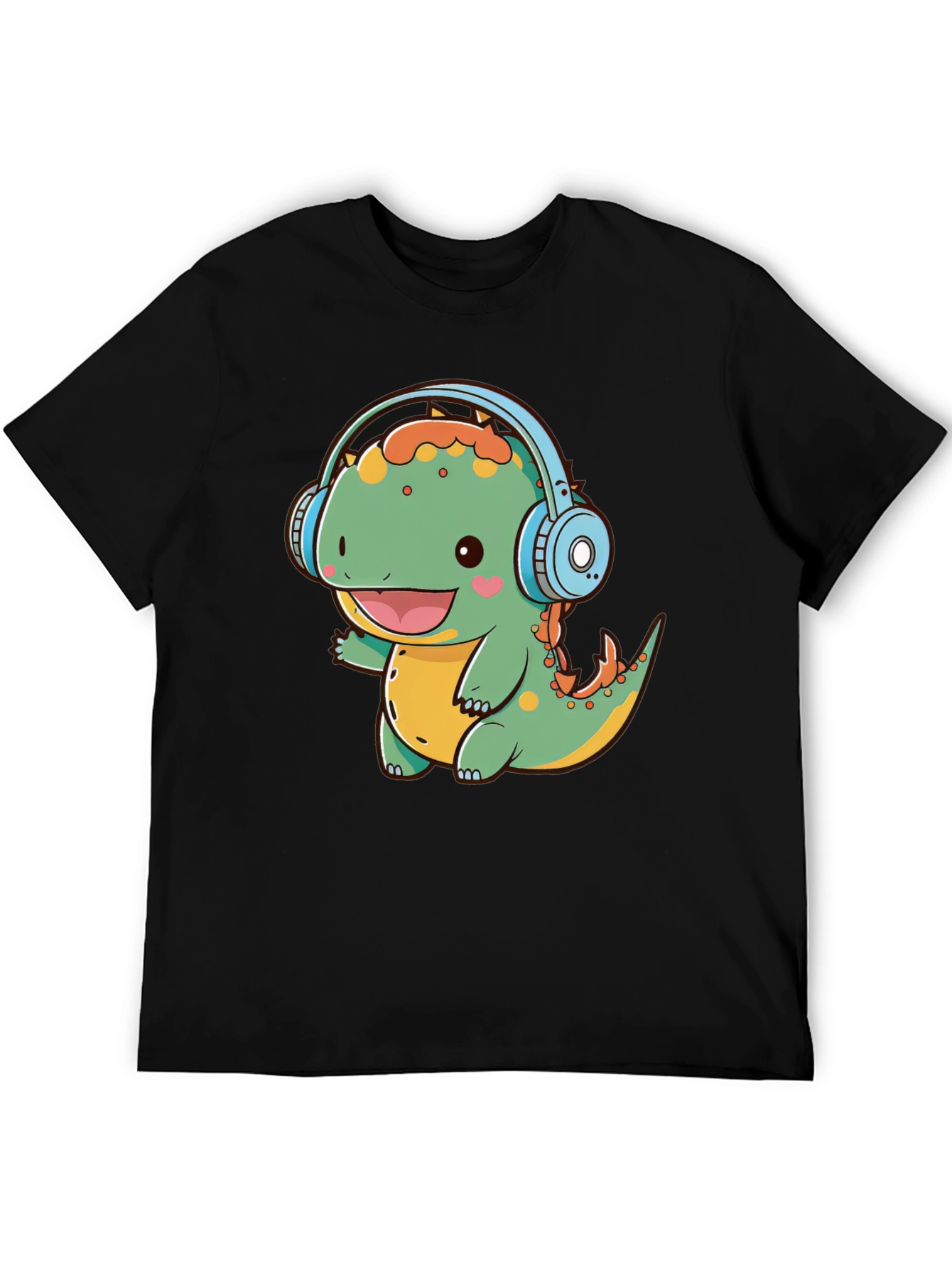 Cute Dinosaur Headphones Graphic Tee - Fun Black T-Shirt
