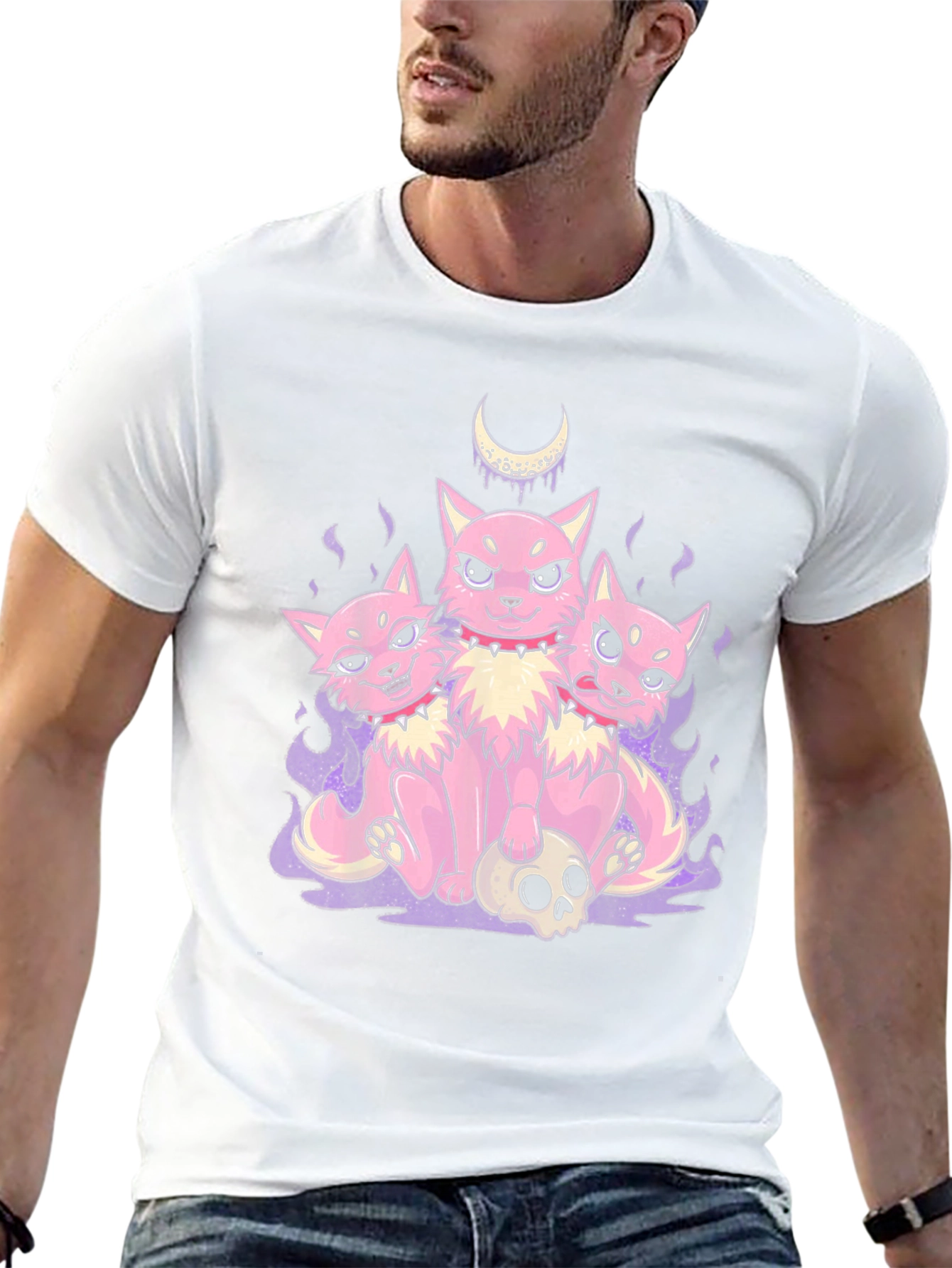 Three-Headed Cat Skull Graphic T-Shirt