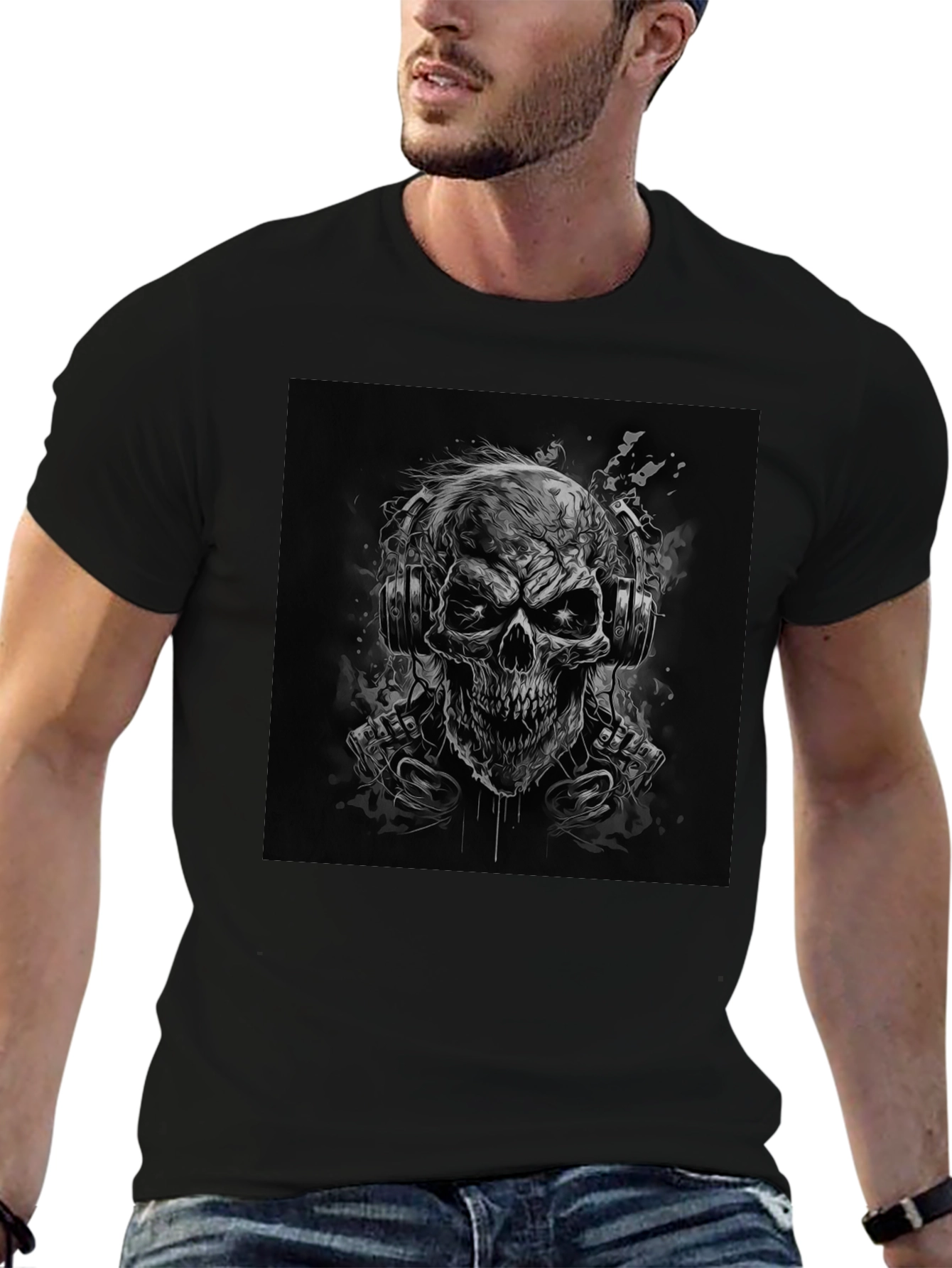 Skull DJ Graphic Tee - Black Cotton T-Shirt