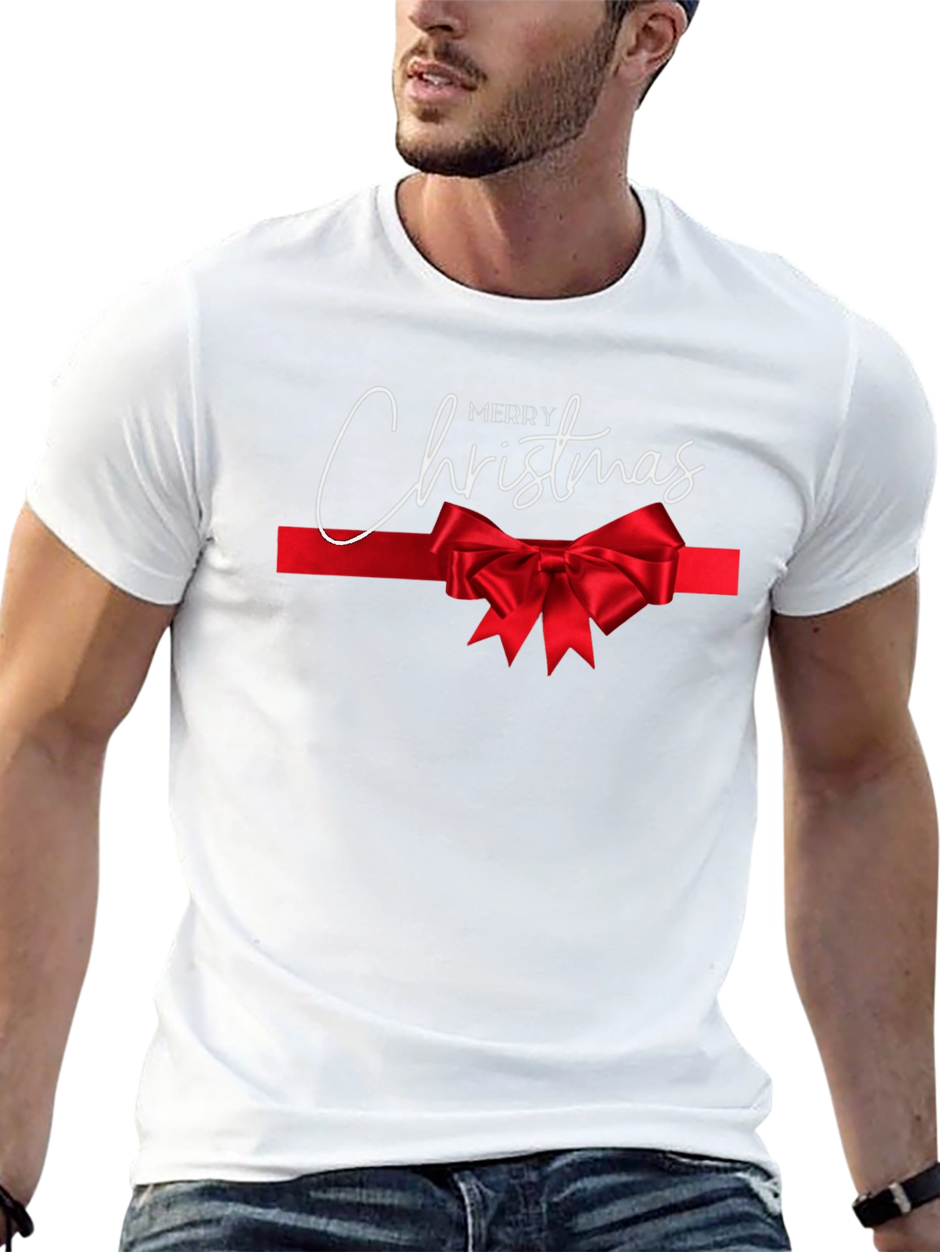 Merry Christmas T-Shirt with Red Ribbon Bow