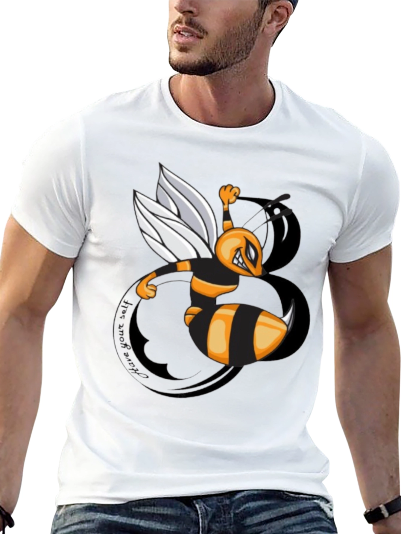Mens Black Cartoon Bee Graphic T-Shirt