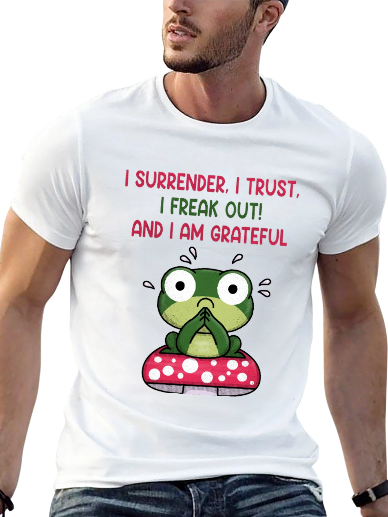 Frog on Mushroom T-Shirt - Surrender Trust Grateful Tee