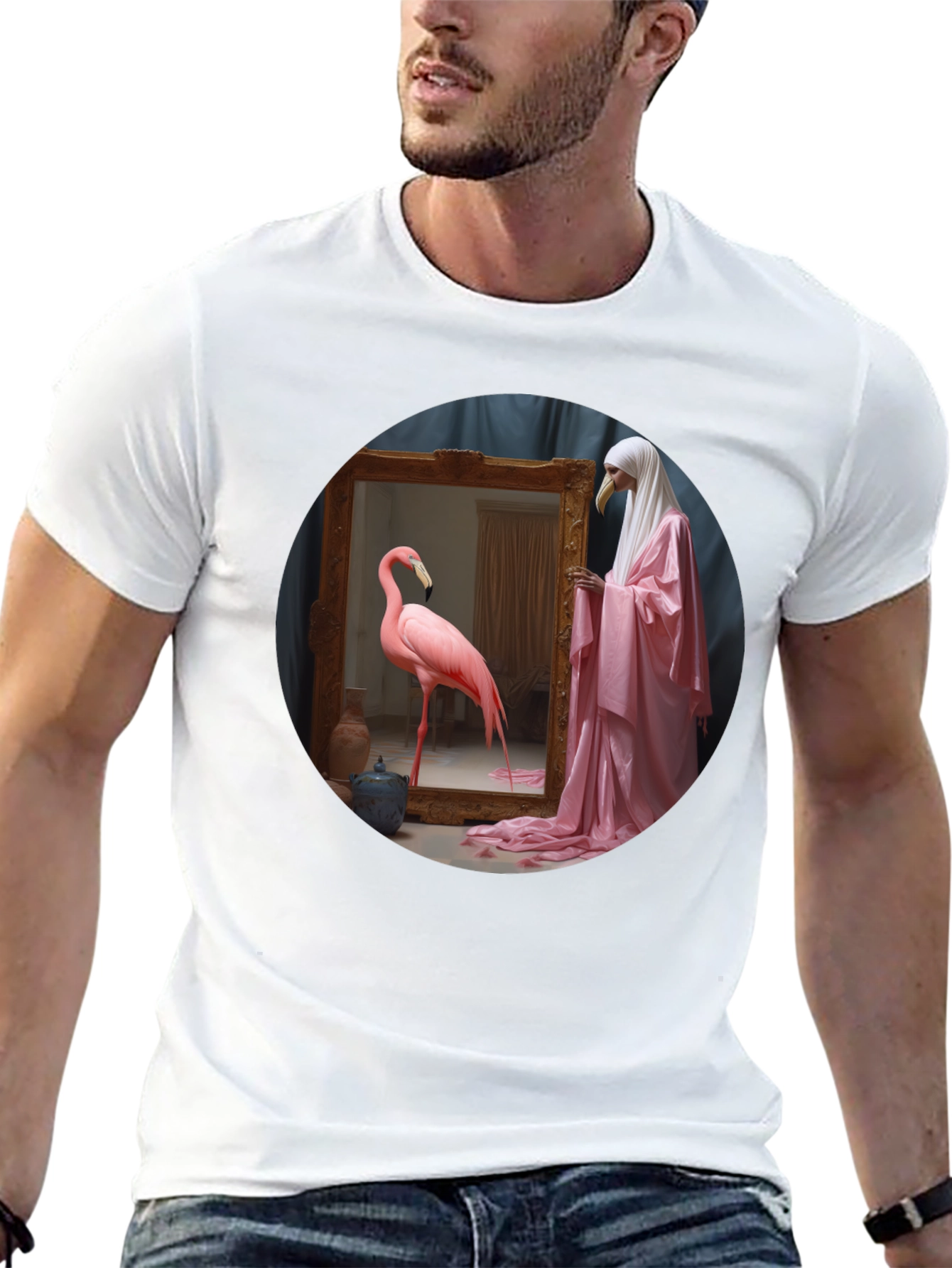 Artistic Flamingo & Figure Graphic Black Tee