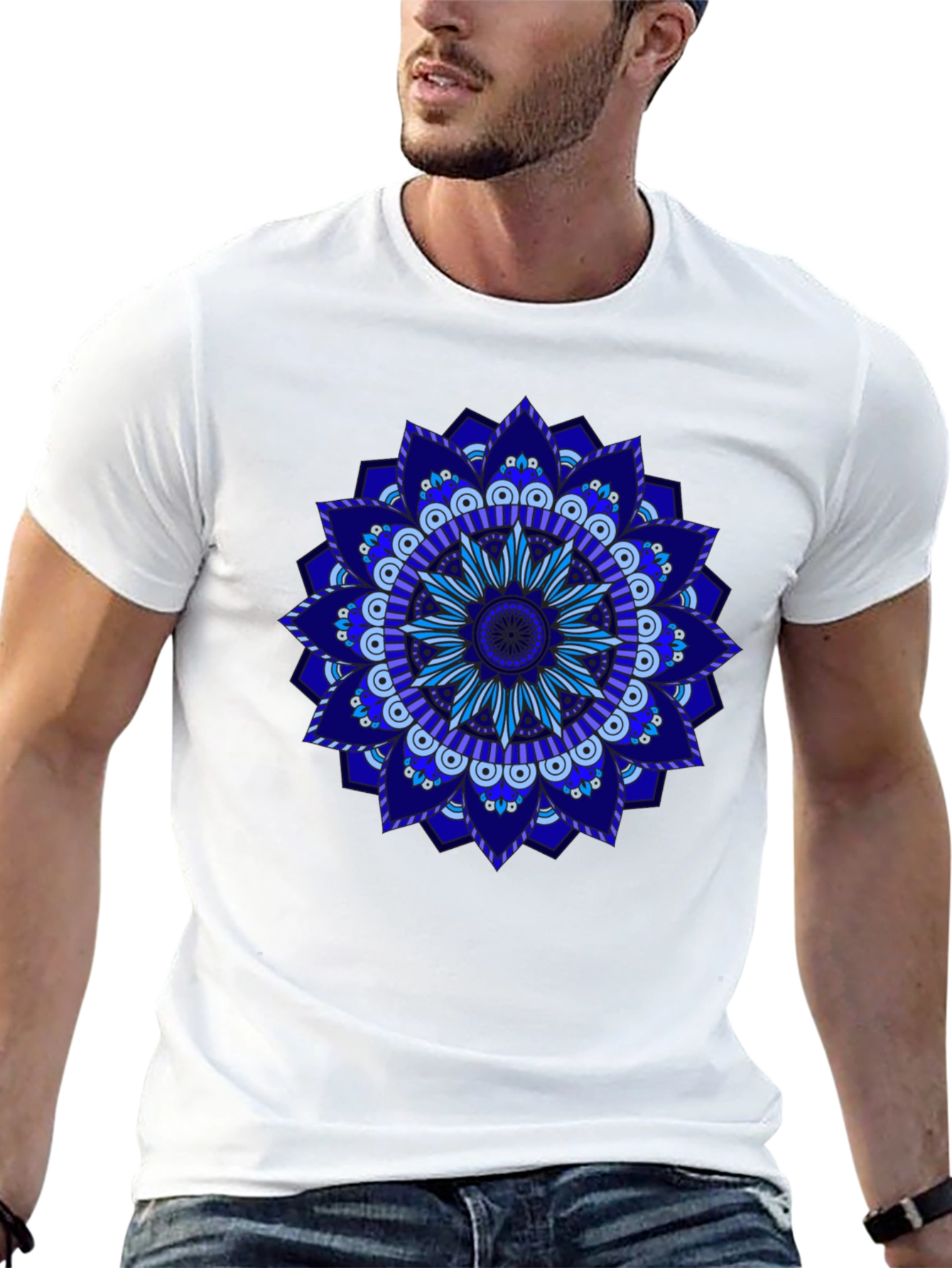 Blue Mandala Graphic Black T-Shirt